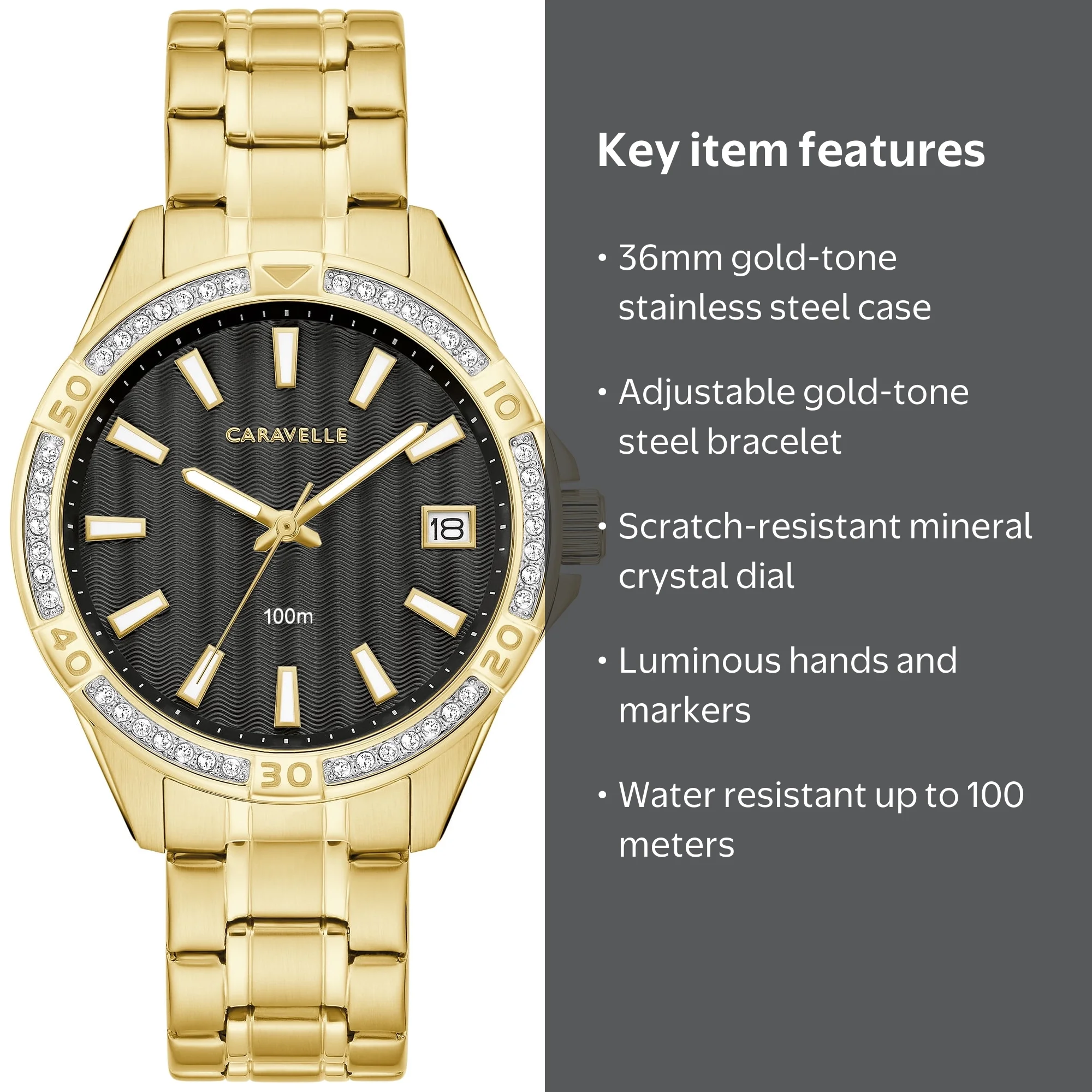 Caravelle Women\'s Gold Tone Quartz Stainless‎ Steel Back Stretch Band Wristwatch Caravelle By Bulova Womens Watch 24mm Two Tone Date 4BM03  main image 2