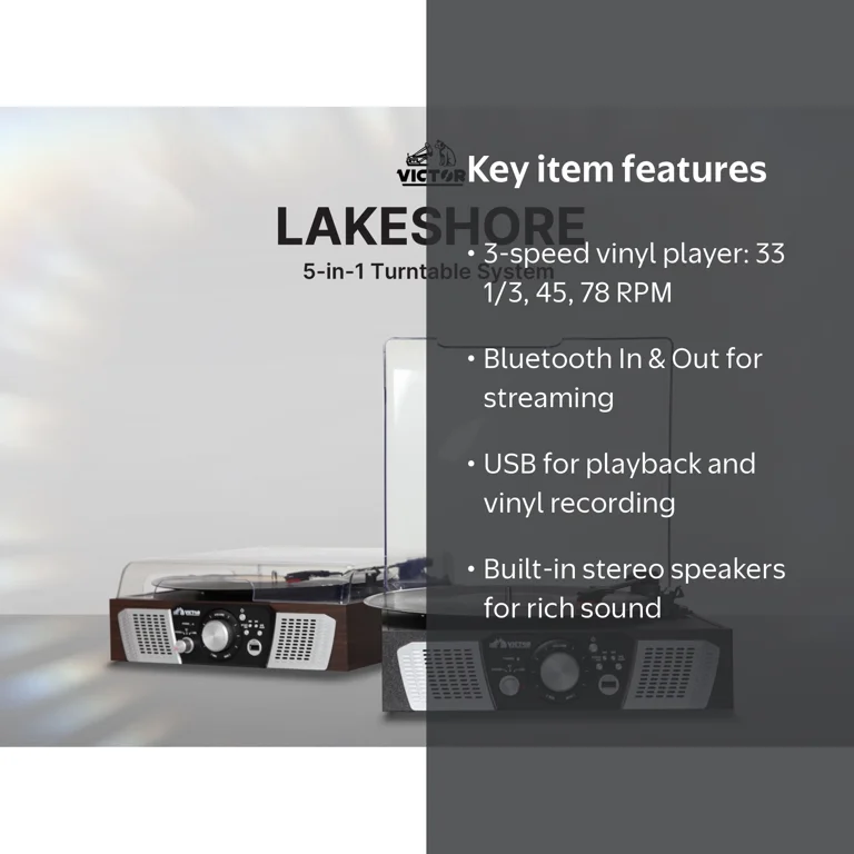 VICTOR Lakeshore 5-in-1 Turntable System with 3-Speed Record