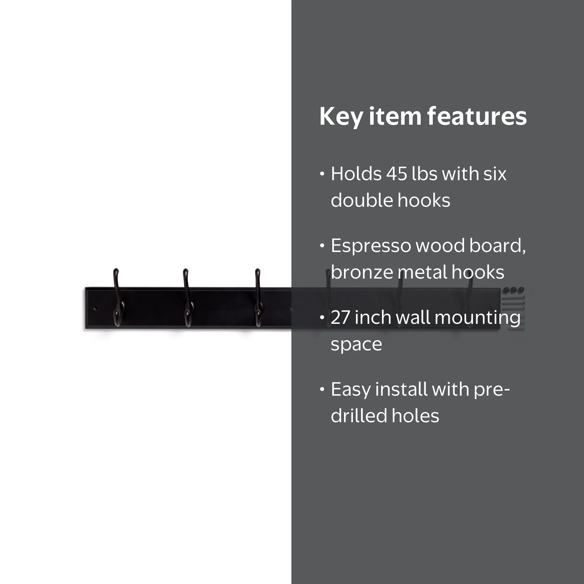 Mainstays Espresso Black 27 Inch Hook Board with 6 Oil-Rubbed