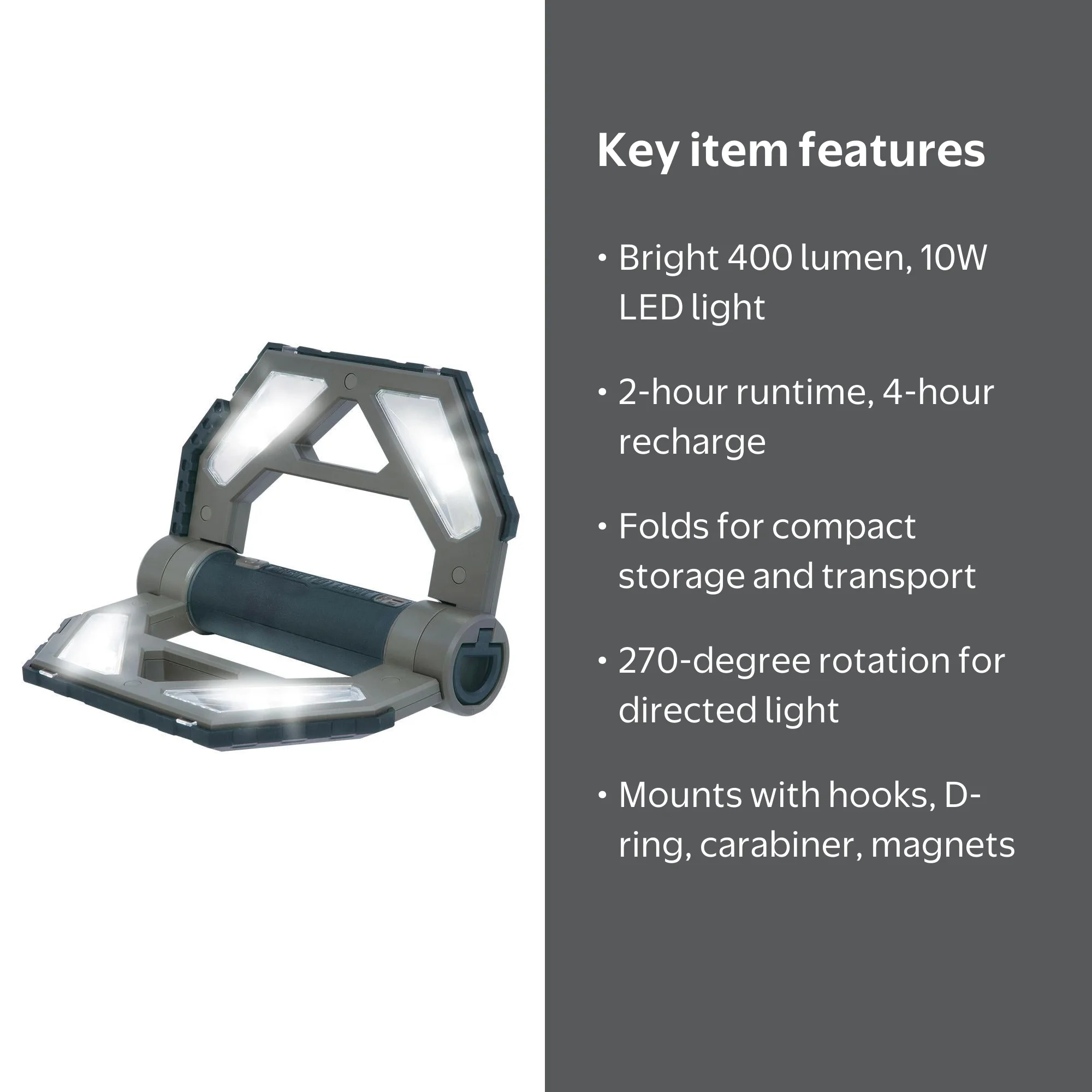 Might-D-Light 10-Watt 400-Lumen Dark Gray Rechargeable Folding LED