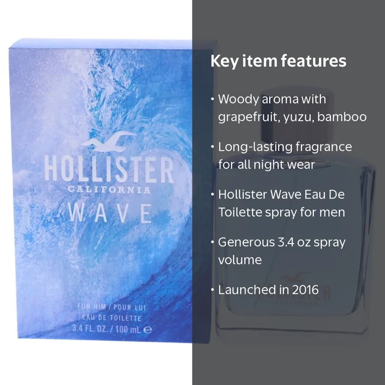 Hollister California 香水 100ml Hollister, Wave by Hollister Men Edt Spray, 3.4 oz, Woody Aromatic