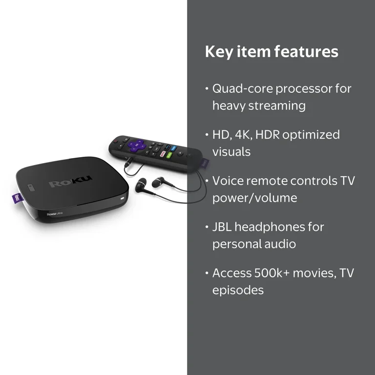 Roku Ultra 4K HDR Streaming Player (2018) with JBL headphones