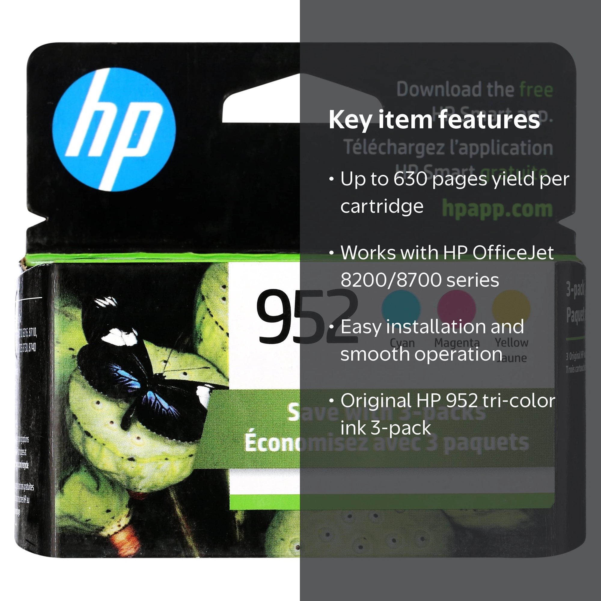 HP, Ink Cartridges, HP 952 3pk Cyan/Magenta/Yellow, 630 pages each