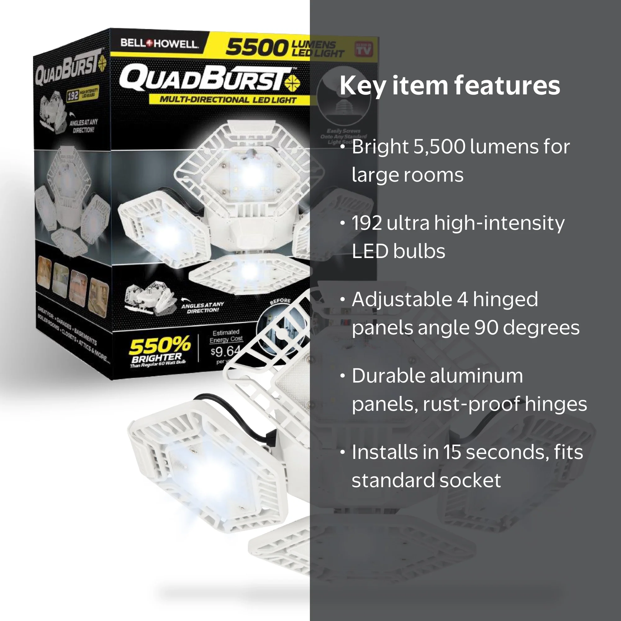Bell + Howell, Garage Light, Quadburst, 4 Panel LED 5500 Lumens