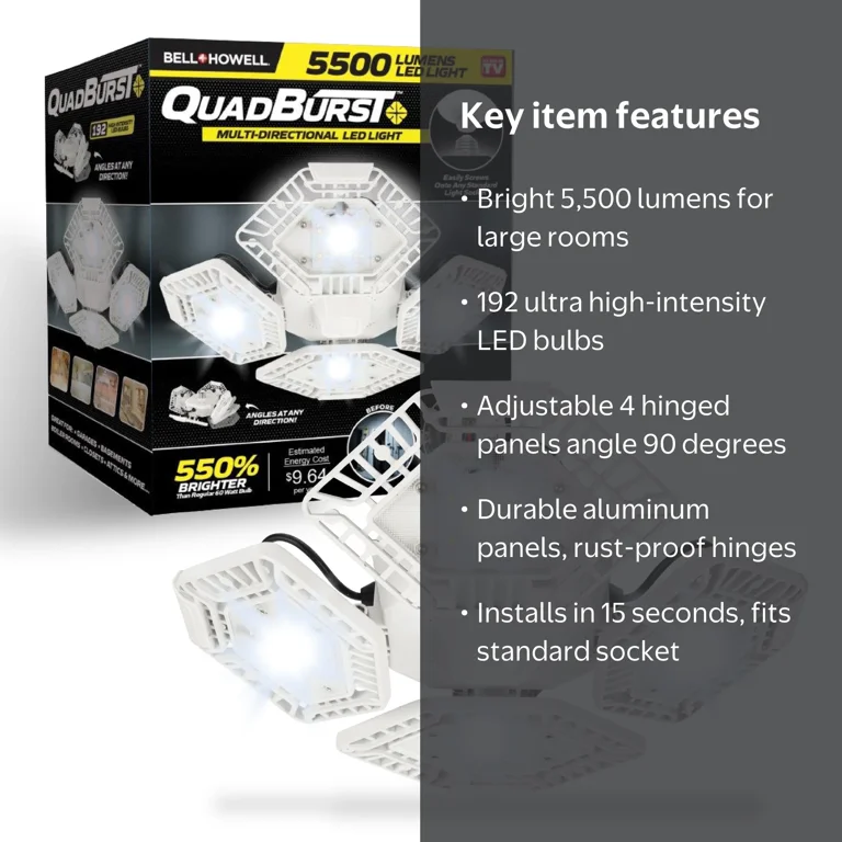 Bell + Howell, Garage Light, Quadburst, 4 Panel LED 5500 Lumens