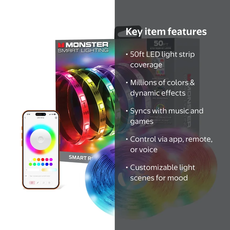Monster 50ft LED Strip Lights, Multicolor, Sound Reactive, App