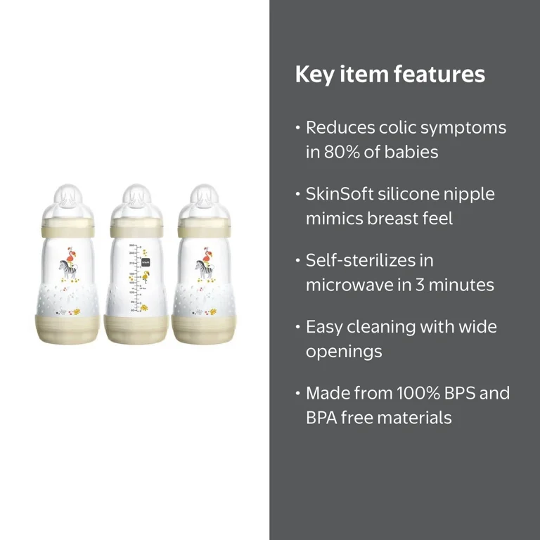 MAM 9 oz Anti-Colic Baby Bottles (3-Pack), Medium Flow Silicone