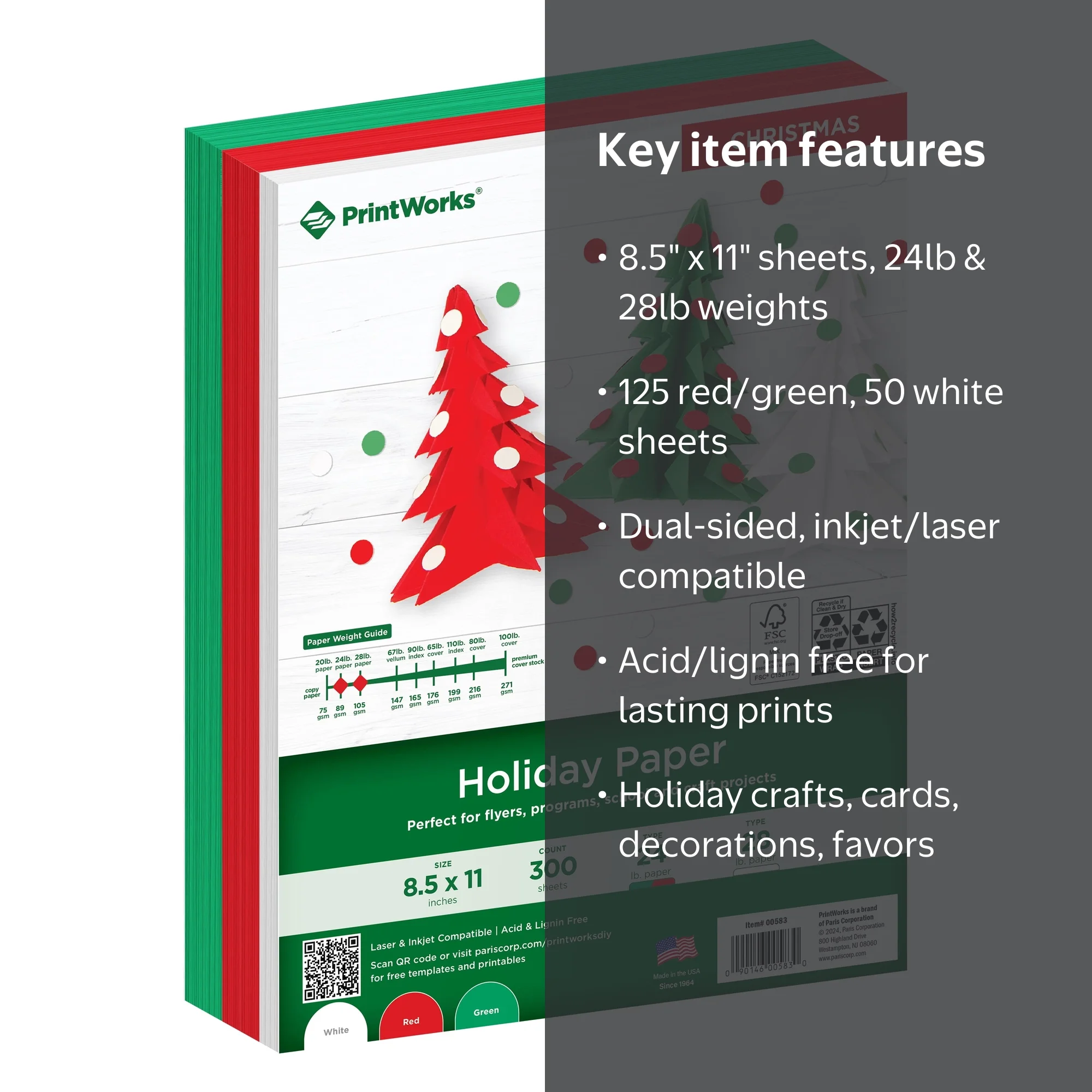 PrintWorks, Holiday Paper, 8.5x11, 300 Sheets, Red White & Green