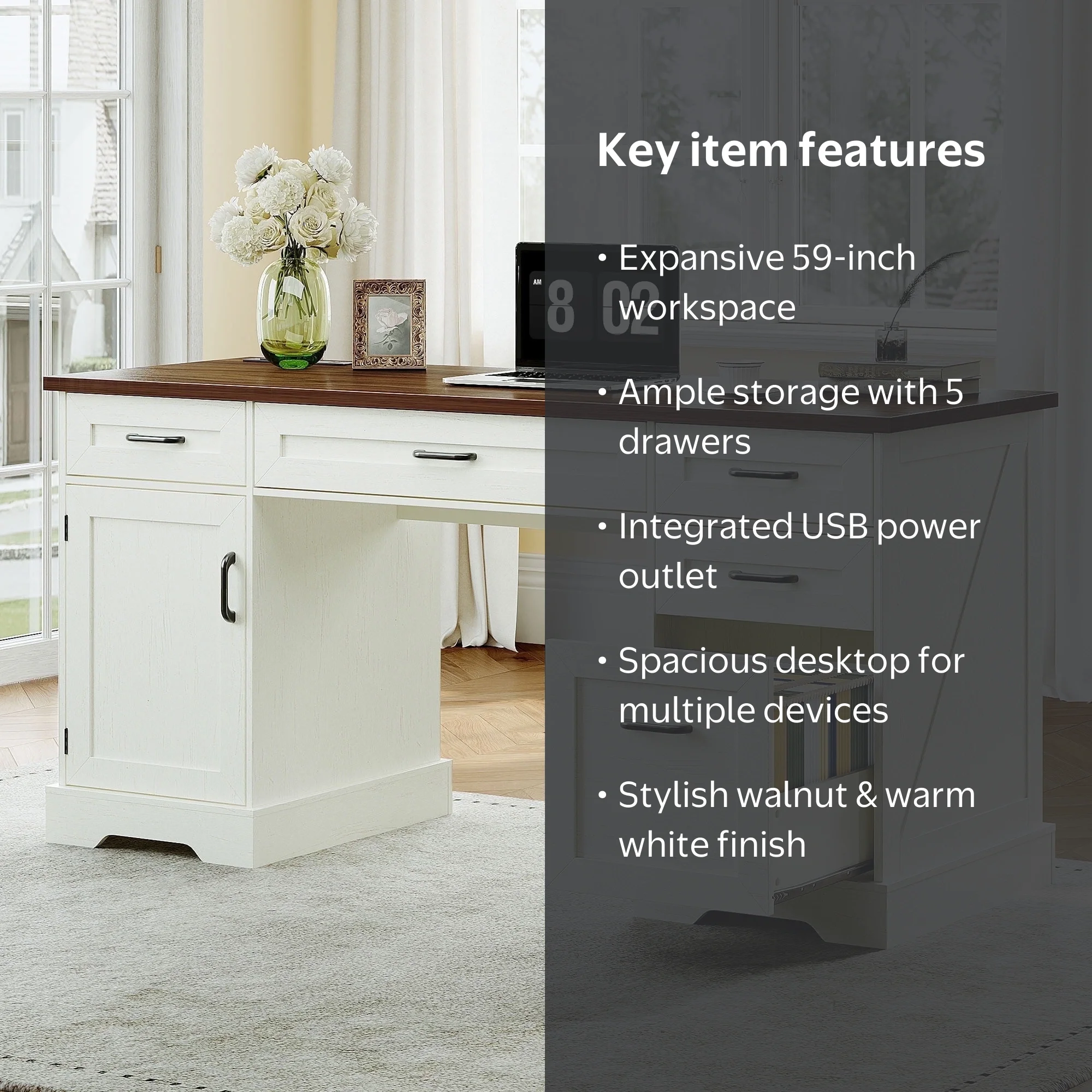 Casacomoda Home Office Desk with File Cabinet and Drawers, 59