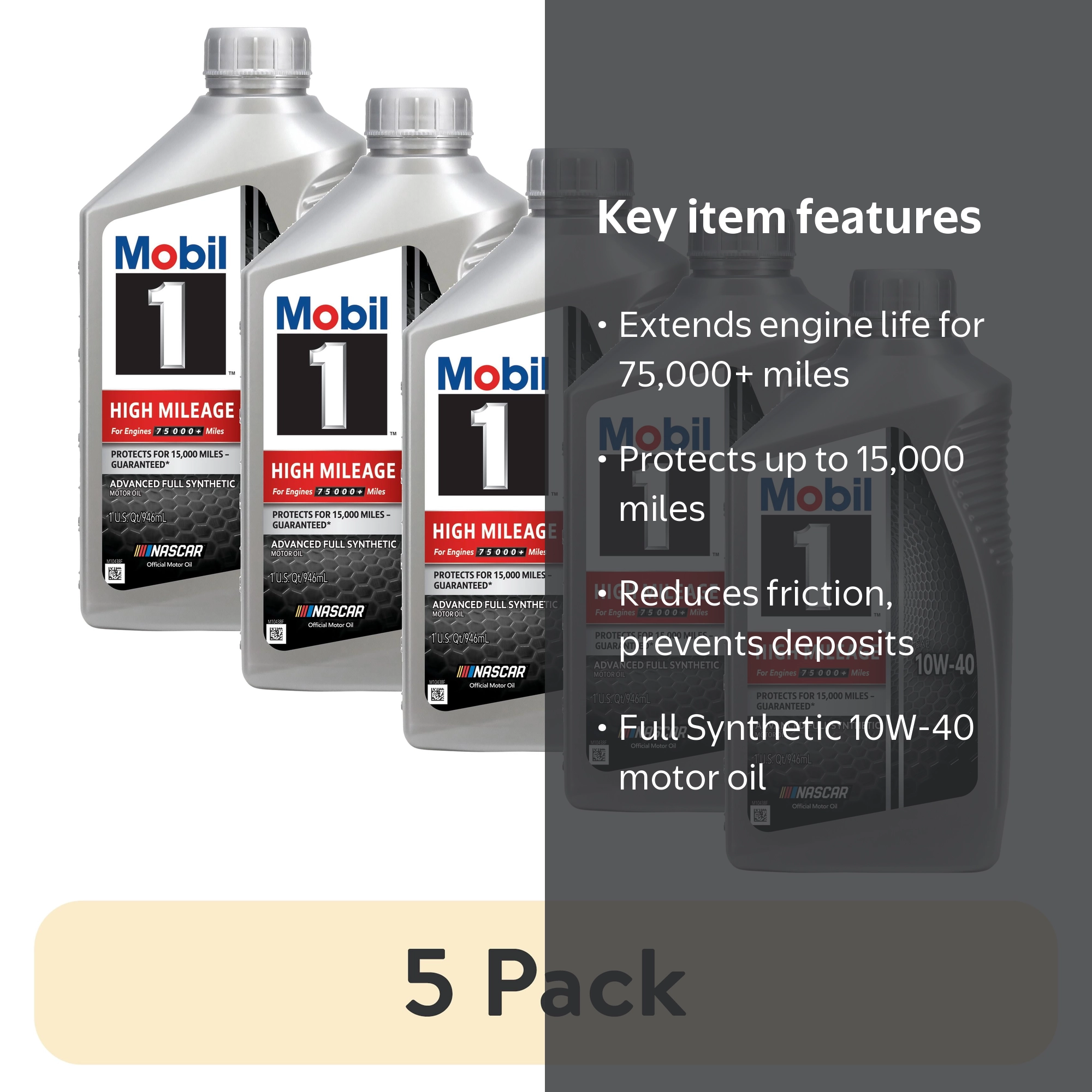 5 pack) Mobil 1 High Mileage Full Synthetic Motor Oil 10W-40, 1