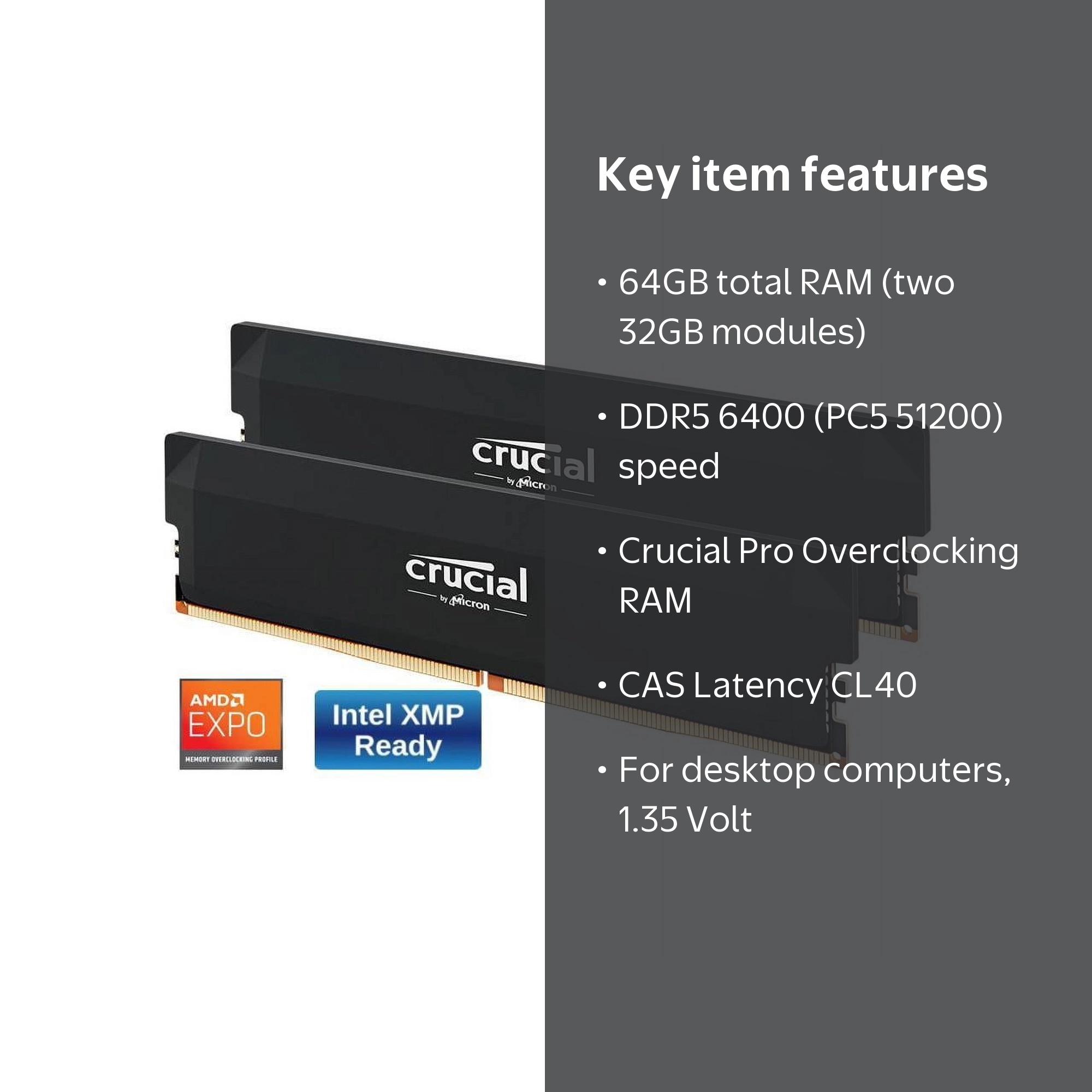 Crucial Pro Overclocking 64GB DDR5 6400 Desktop Memory