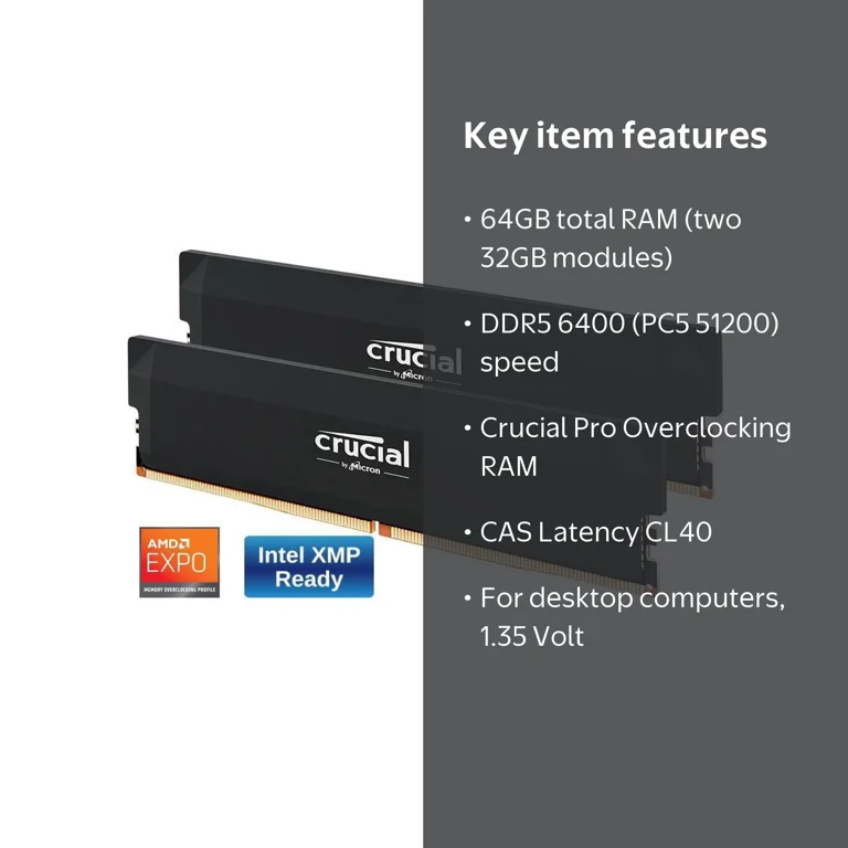 Crucial Pro Overclocking 64GB DDR5 6400 Desktop Memory