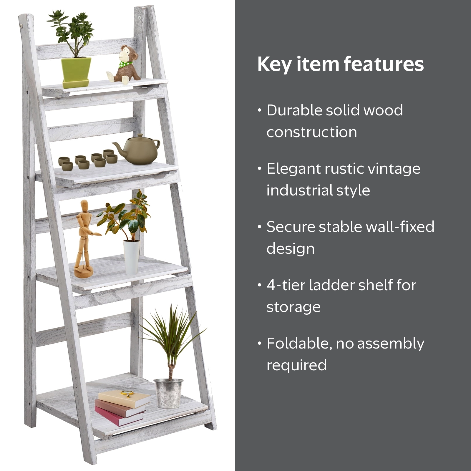Hofitlead 4 Tier Wooden Ladder Shelf, Rustic Folding Bookcase