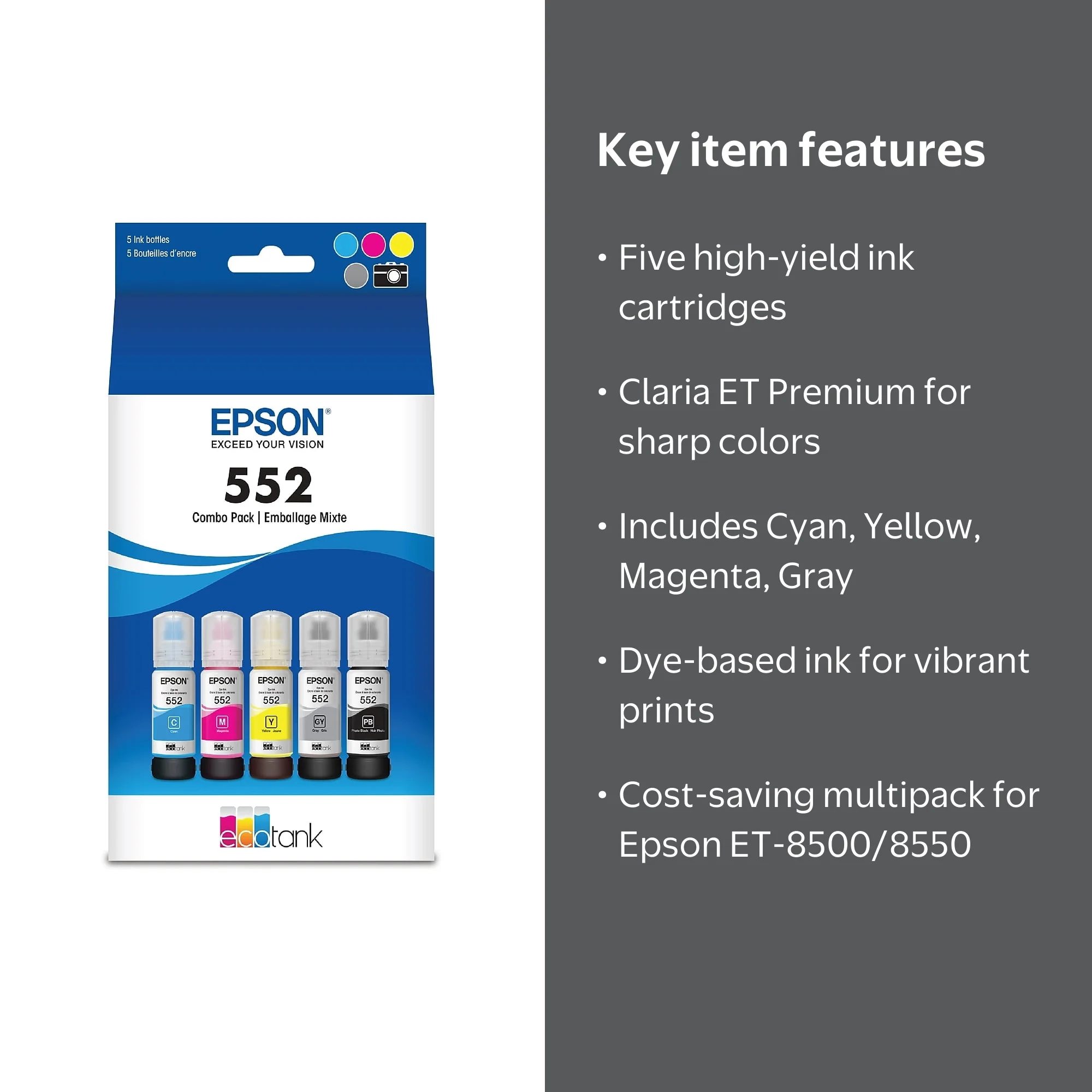 Epson T552 Cyan, Yellow, Magenta, Photo Black, Gray Ink Cartridges