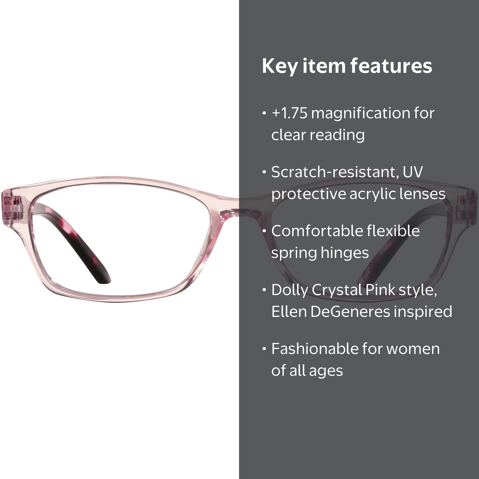 EV1 Dolly Crystal Pink +1.75 Reading Glasses with Case HSA/FSA