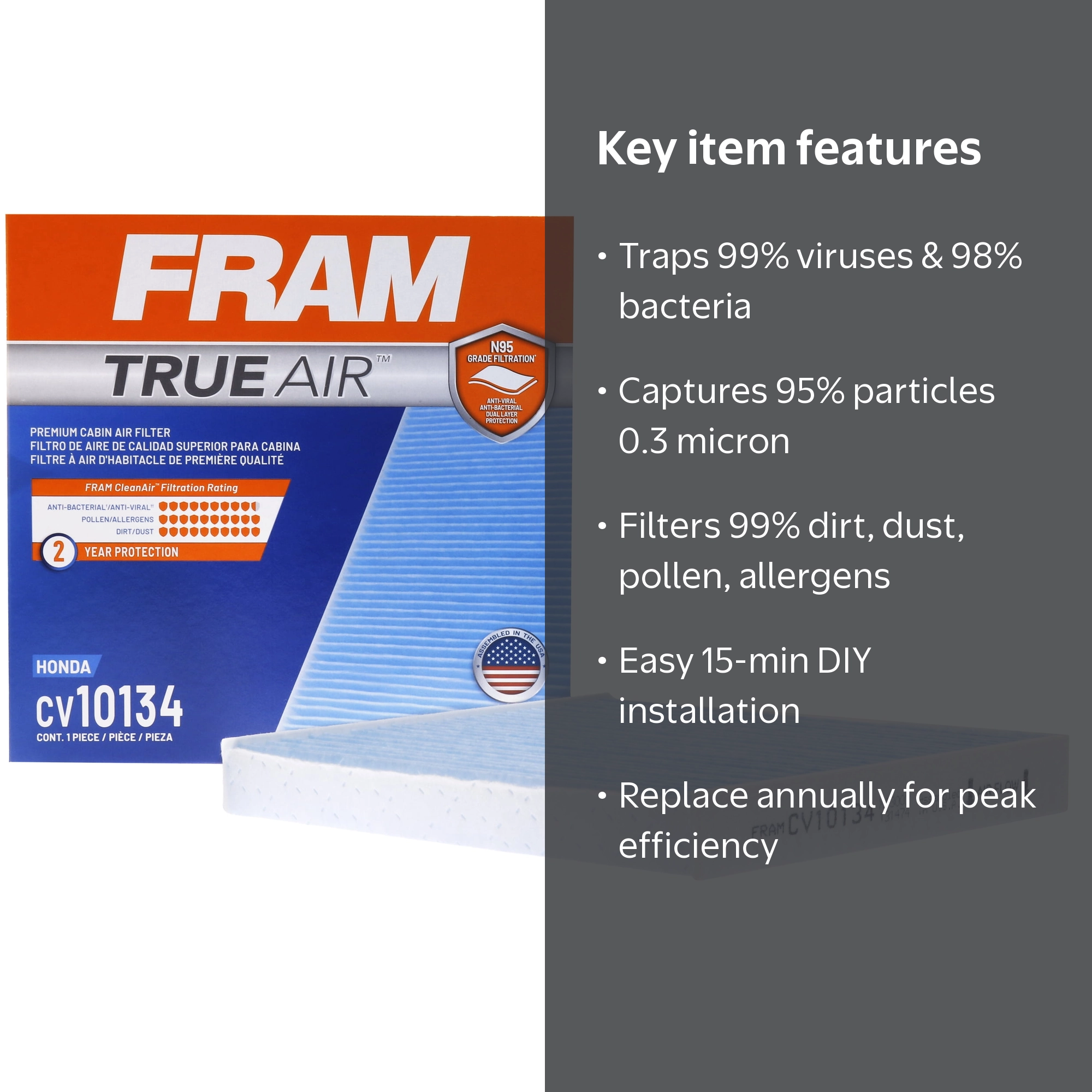 FRAM CV10134 TrueAir Premium Cabin Air Filter with N95 Grade