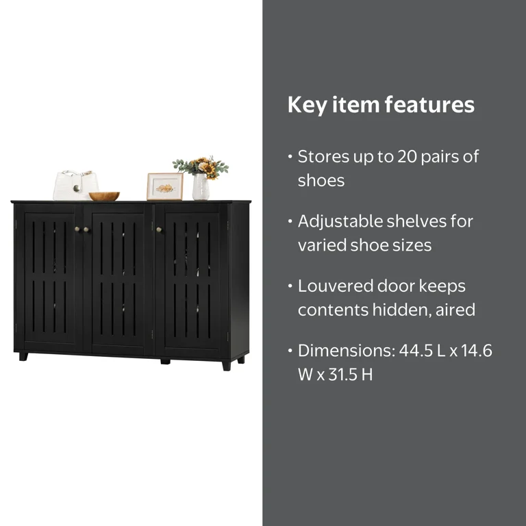 Alden Design 4 Tier Wooden Shoe Storage with Louvered Door, Black