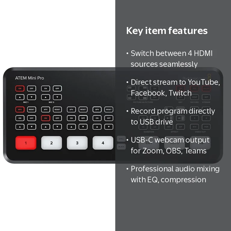 Blackmagic Design ATEM Mini Pro Stream Switcher, SWATEMMINIBPR, 4