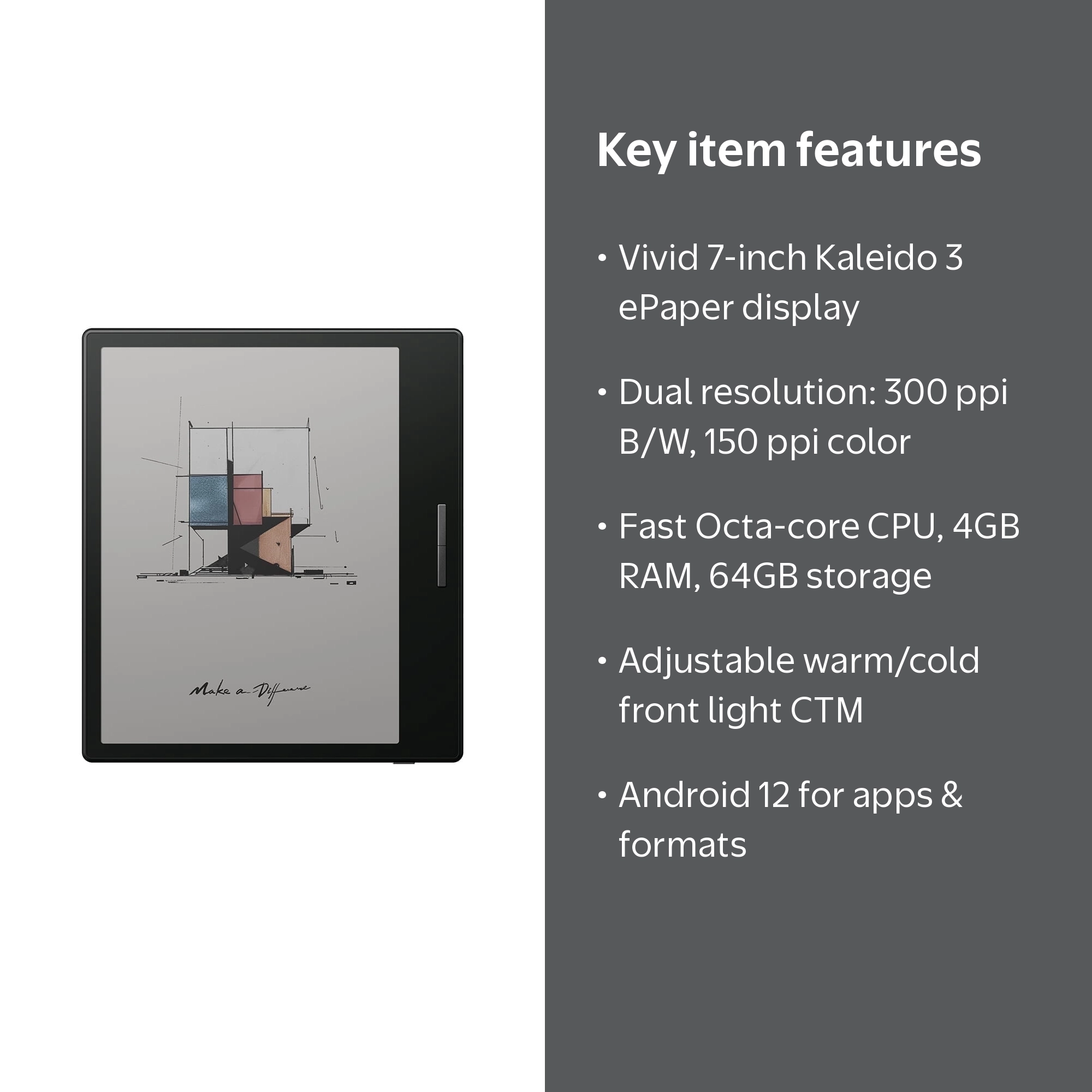 BOOX Go Color 7 - Black, 7'' Kaleido 3 Display, Android 12, 4GB