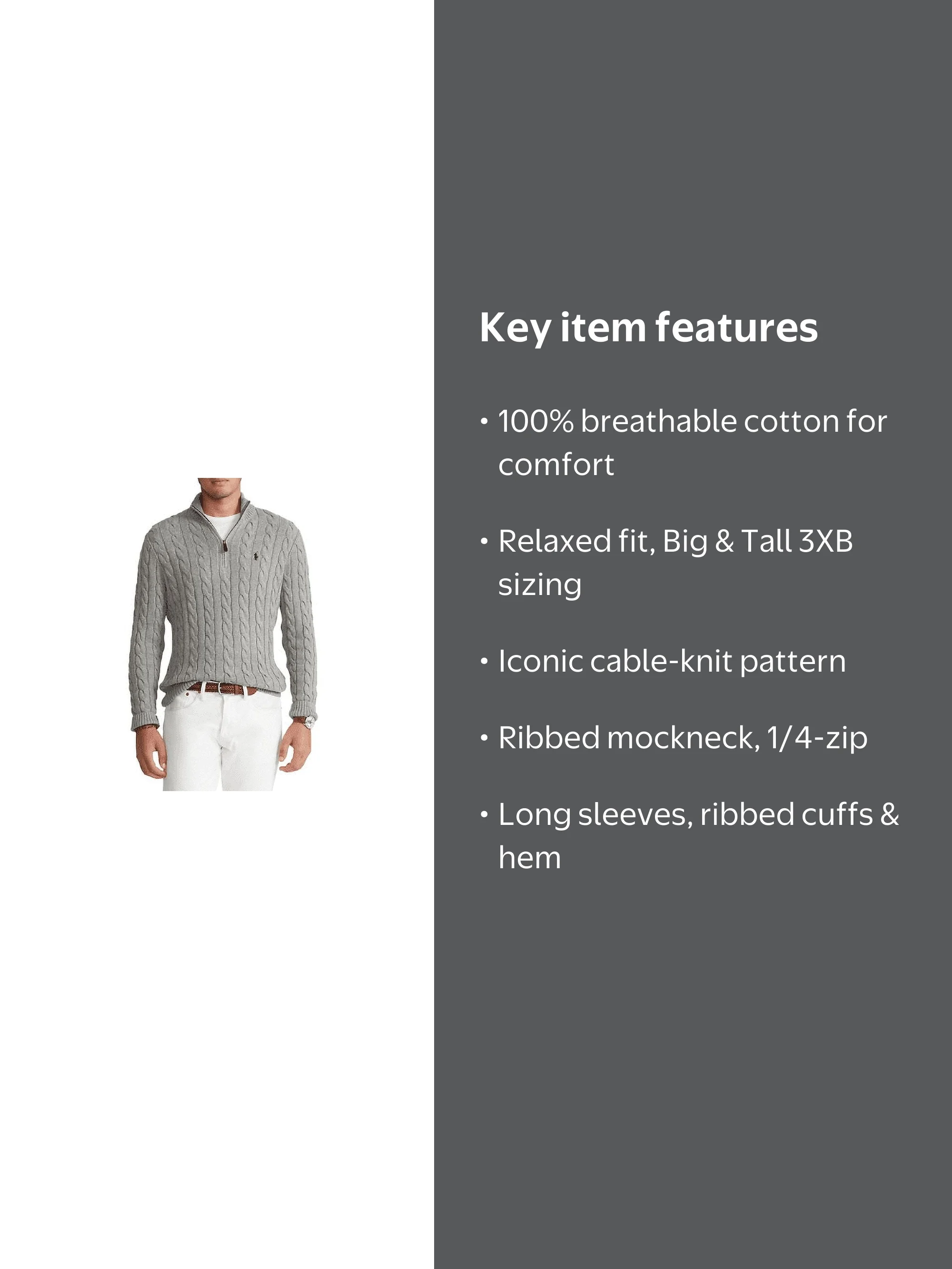 Polo Ralph Lauren Men's Big and Tall Grey Cable Knit Cotton