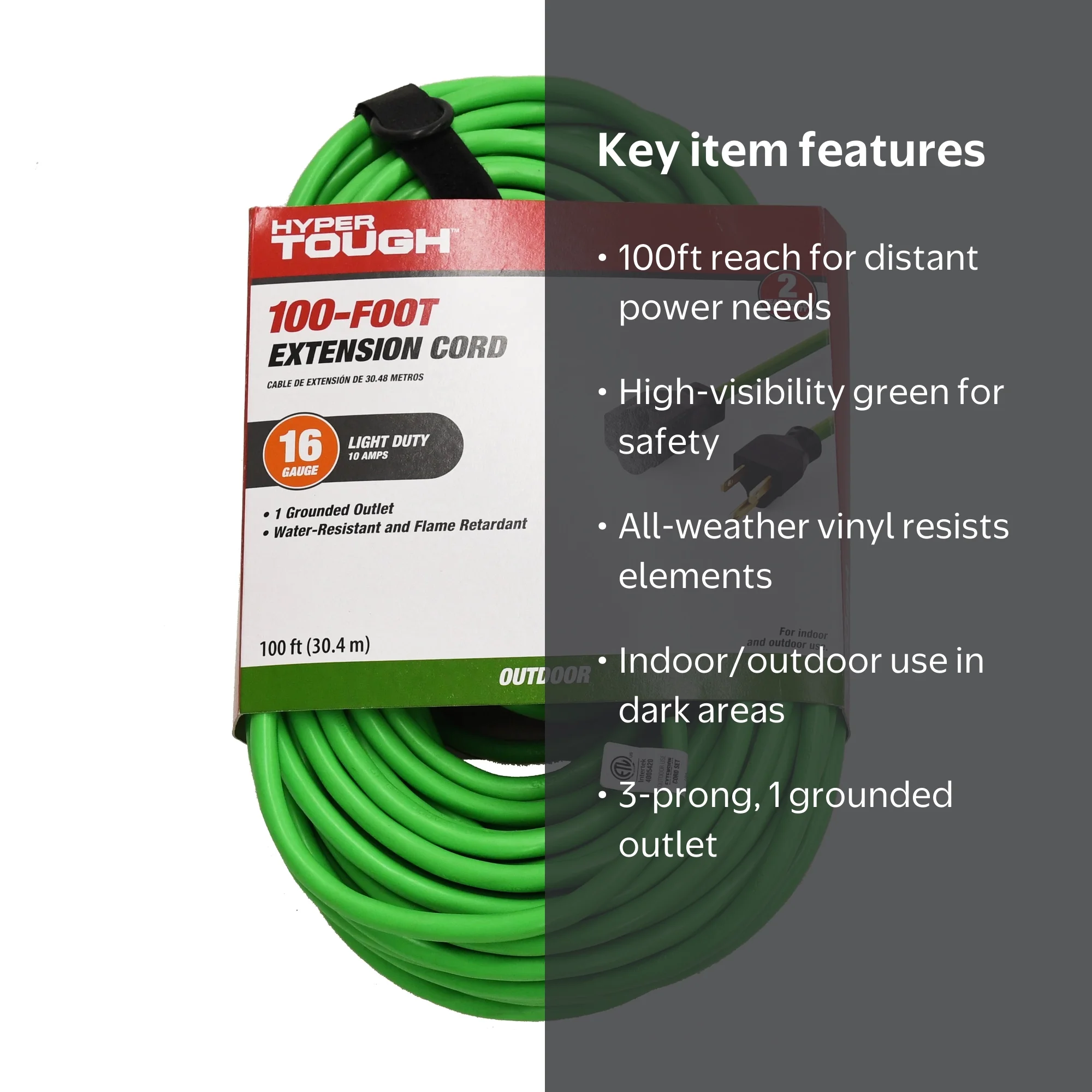 Hyper Tough 16/3 Green Indoor Outdoor Extension Cord 100ft Light