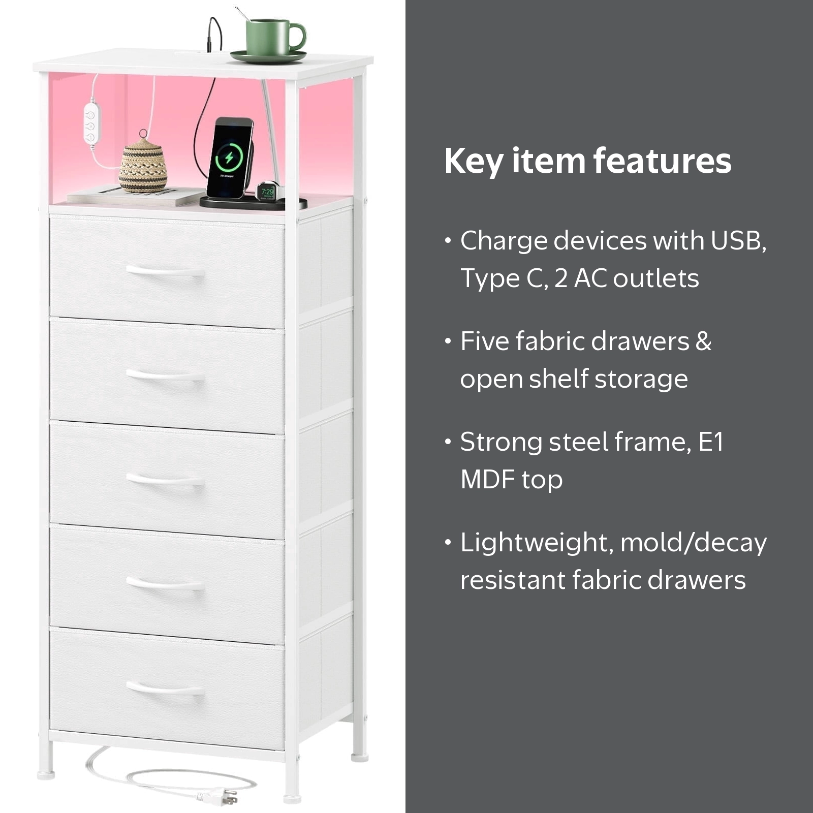 Eunos White Dresser, 5 Drawer Nightstand with Charging Station