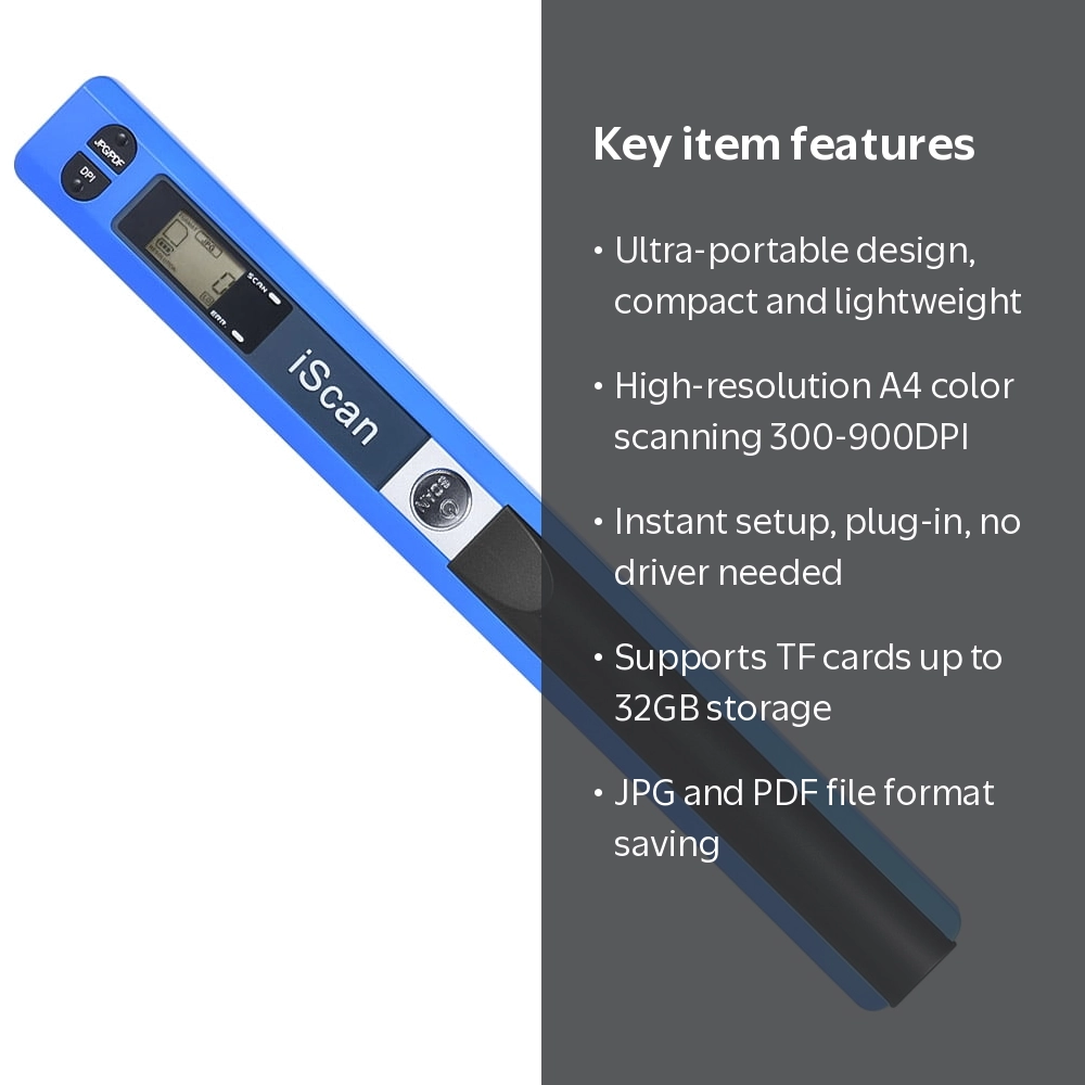 iScan Portable Wireless Scanner, A4 Size, 900DPI, JPG/PDF, LCD
