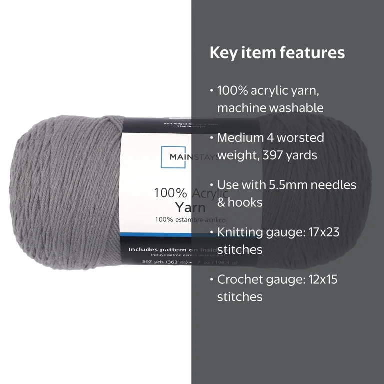 Mainstays Acrylic Yarn Medium Weight 7 Oz 397 Yards Grey for