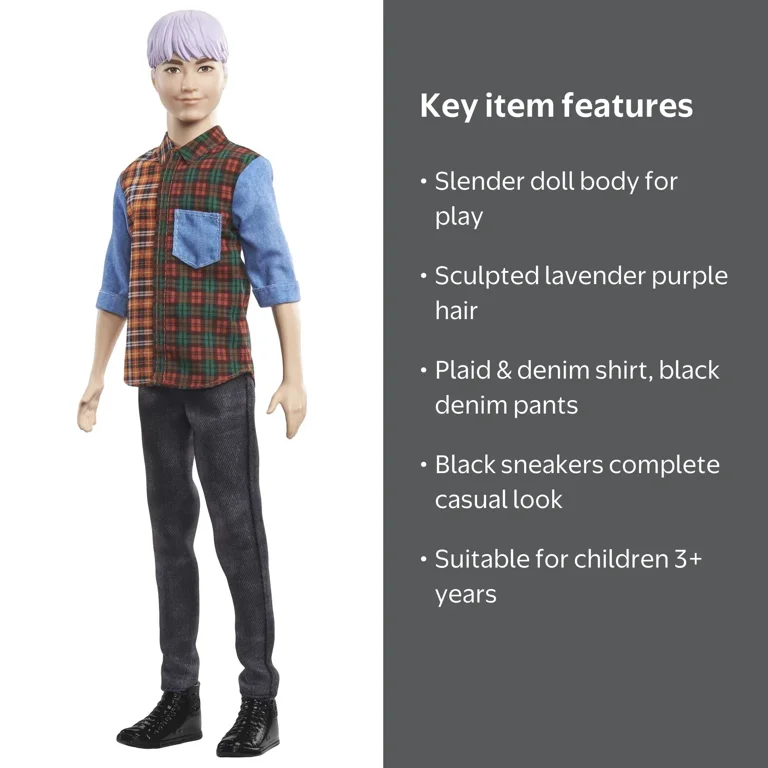 ken Barbie Ken Fashionistas Doll #154, Trendy Purple Hair & Plaid