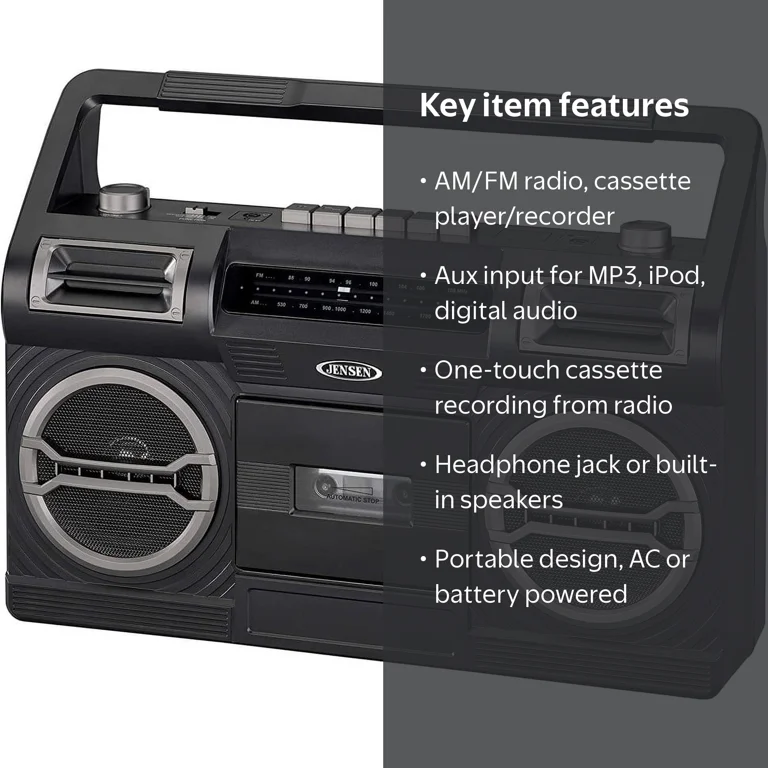 Jensen, Cassette Tape Boombox, Black, 16.70