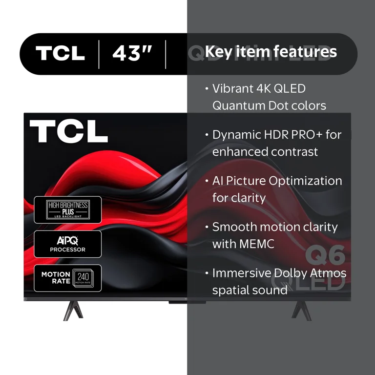 TCL, 43‚Äù Class Q6 QLED 4K UHD HDR Smart Google TV, 43Q651G
