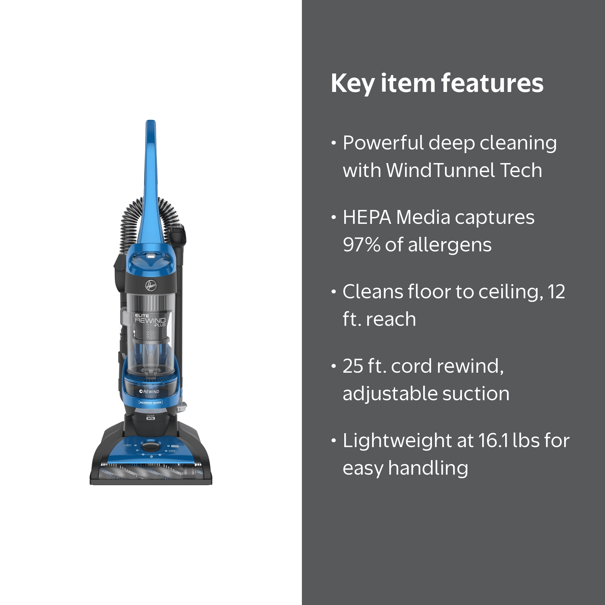Hoover, Upright Vacuum Cleaner, HEPA Media, Rewind Plus, Blue