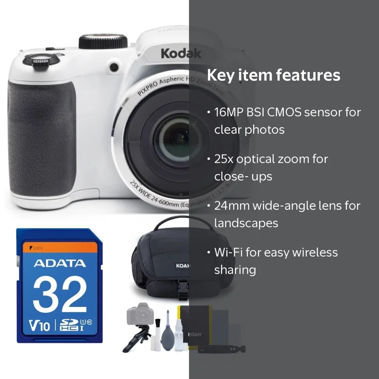 Kodak PIXPRO AZ252 16MP Digital Camera (White) with 16GB SD Card