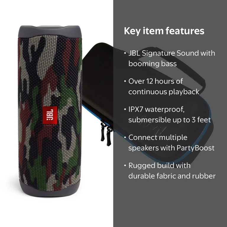 JBL Flip 5 Camouflage Bluetooth Speaker w/divvi! Hardshell Case