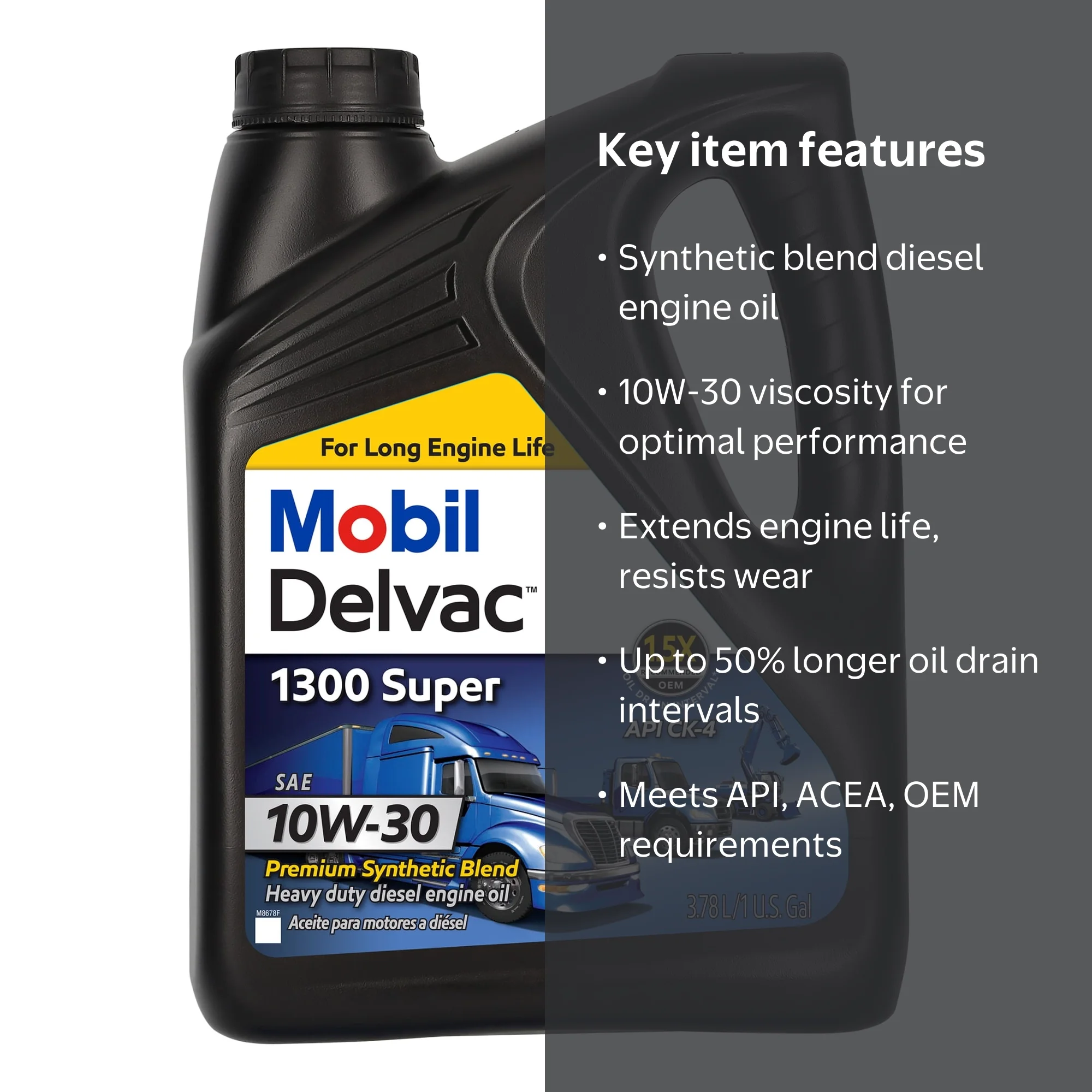 Mobil Delvac, Engine Oil, Heavy Duty Synthetic Blend, 10W-30, 1