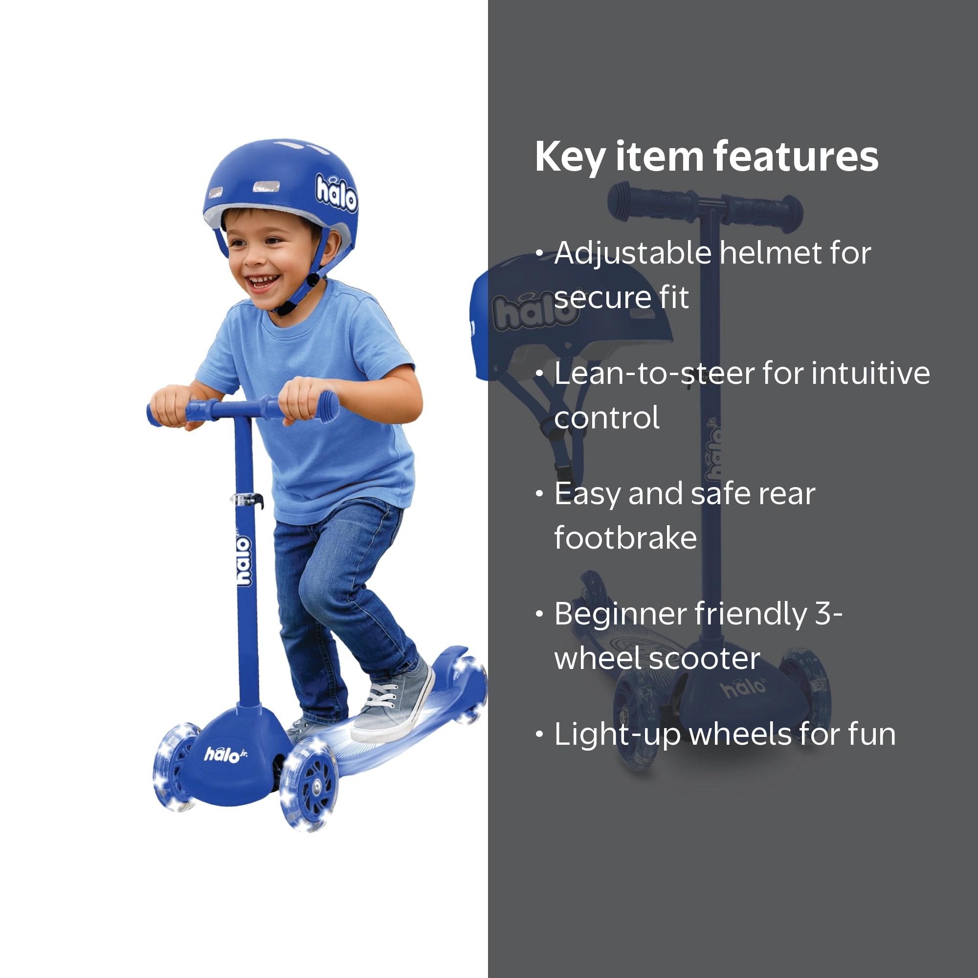 Halo Rise Above Jr 3 Wheel Scooter, Blue, Light Up Wheels
