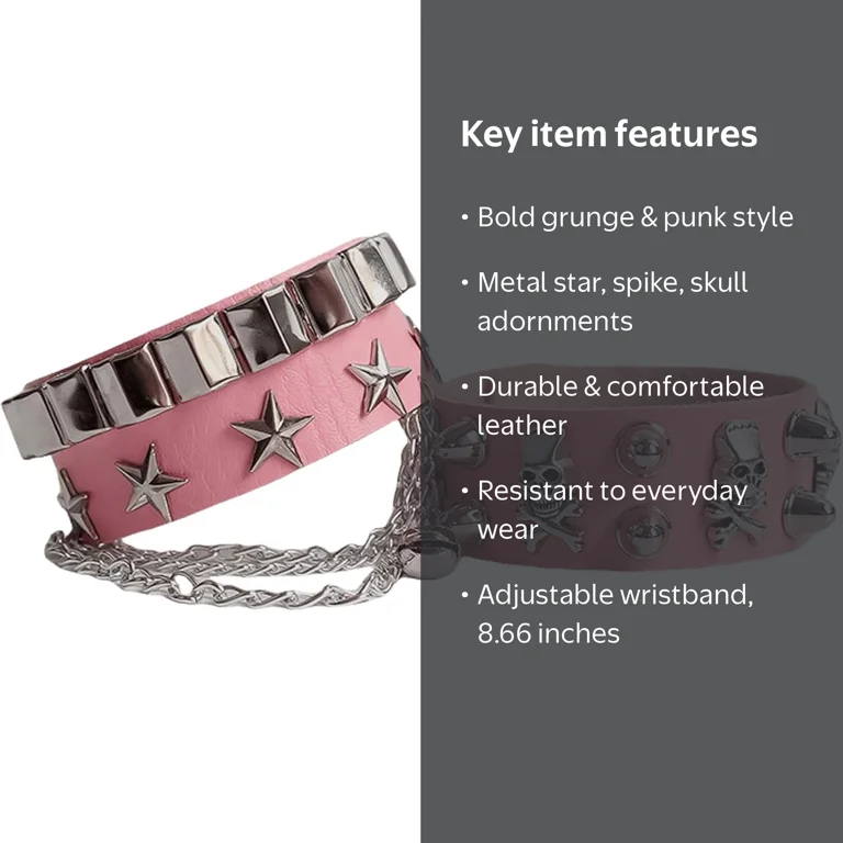 Leather Bracelet Combo Metal Star & Spike Inlay Grunge & Punk