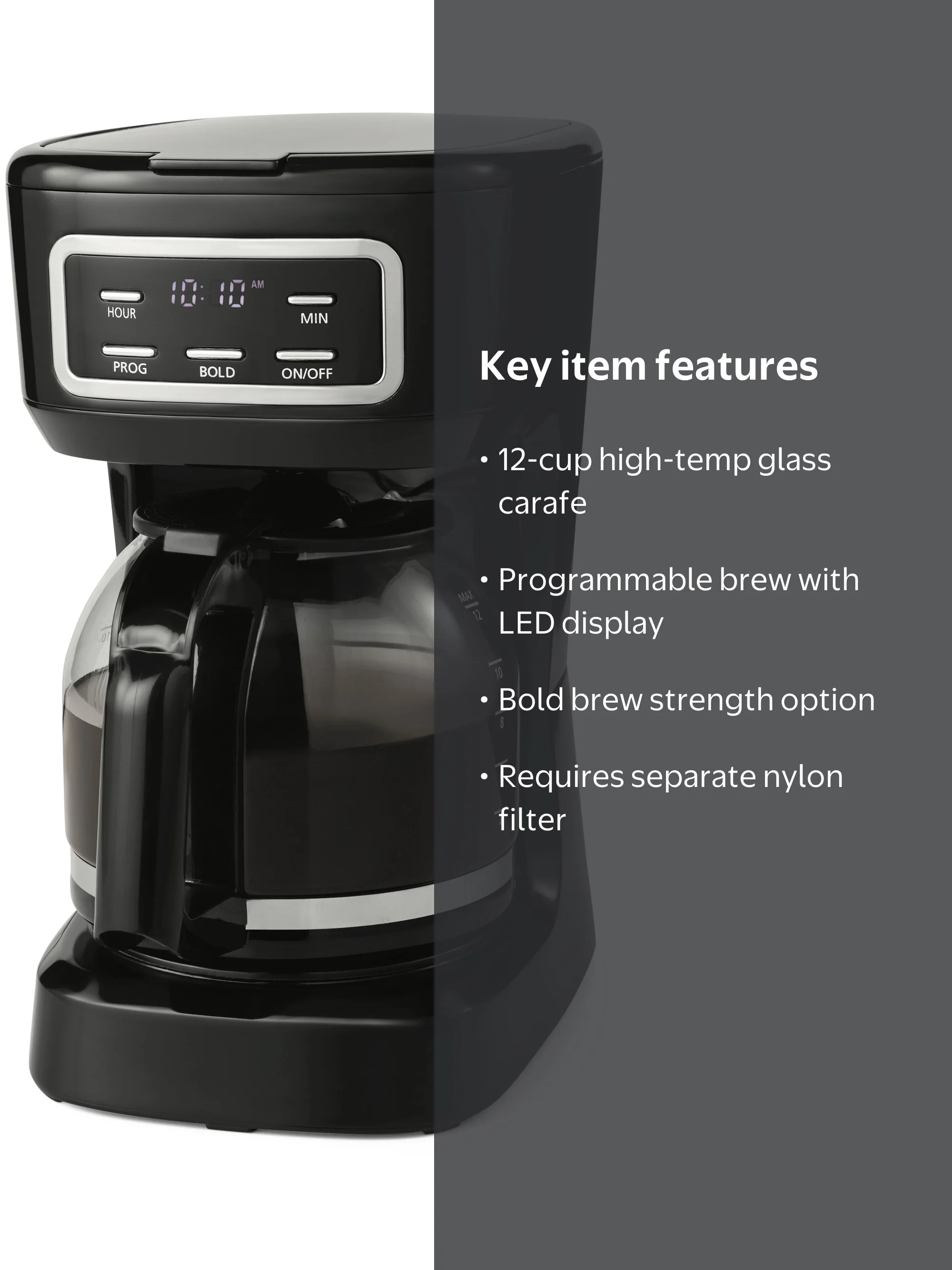 Mainstays Polished 12 Cup Drip Coffee Maker, Black, Glass