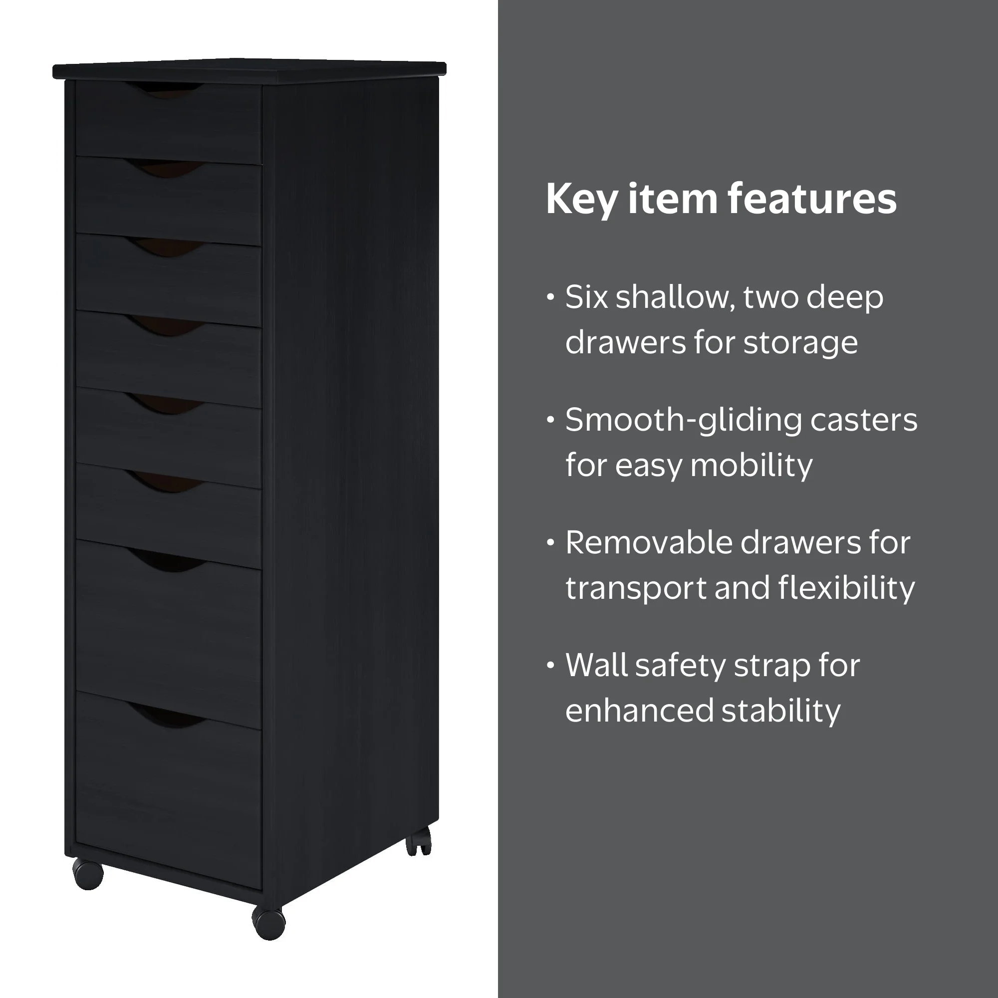 Adeptus Solid Wood 6+2 Drawer Roll Cart - Black - Walmart.com
