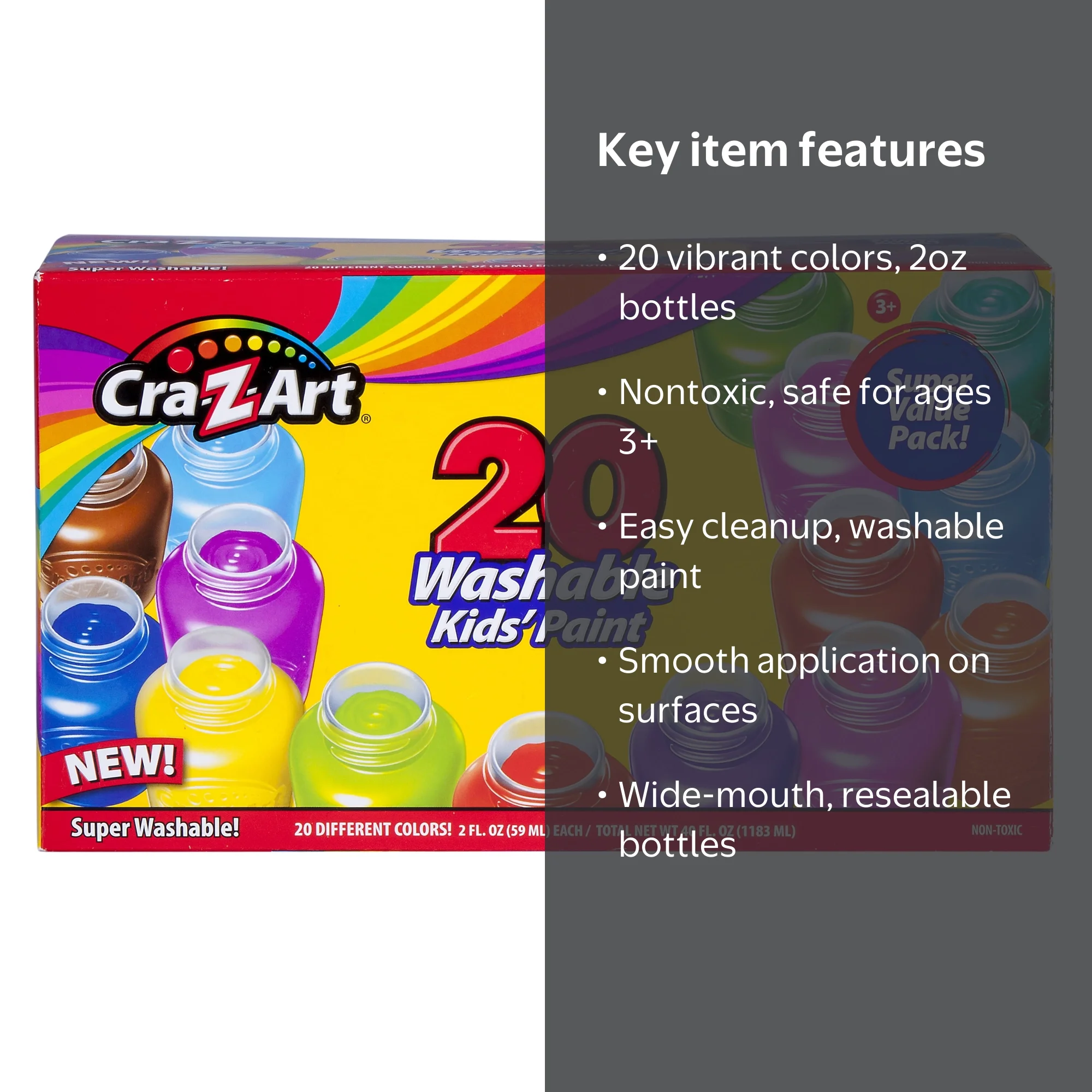 Cra-Z-Art 20 CT Washable Kids' Paint - Safe Craft Supplies for