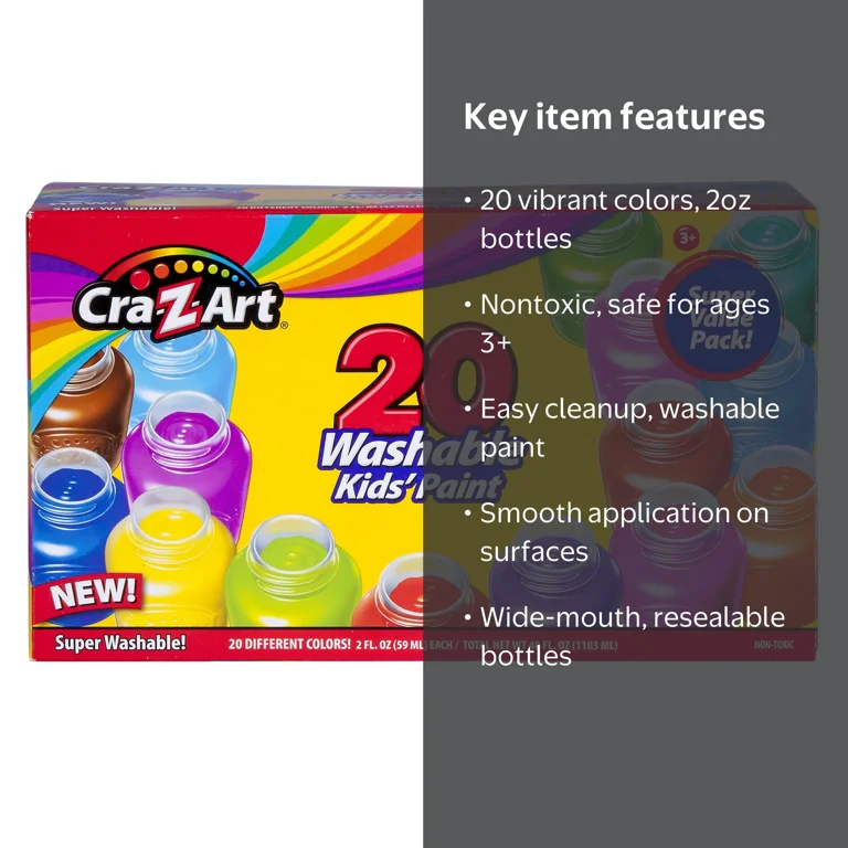 Cra-Z-Art 20 CT Washable Kids' Paint - Safe Craft Supplies for