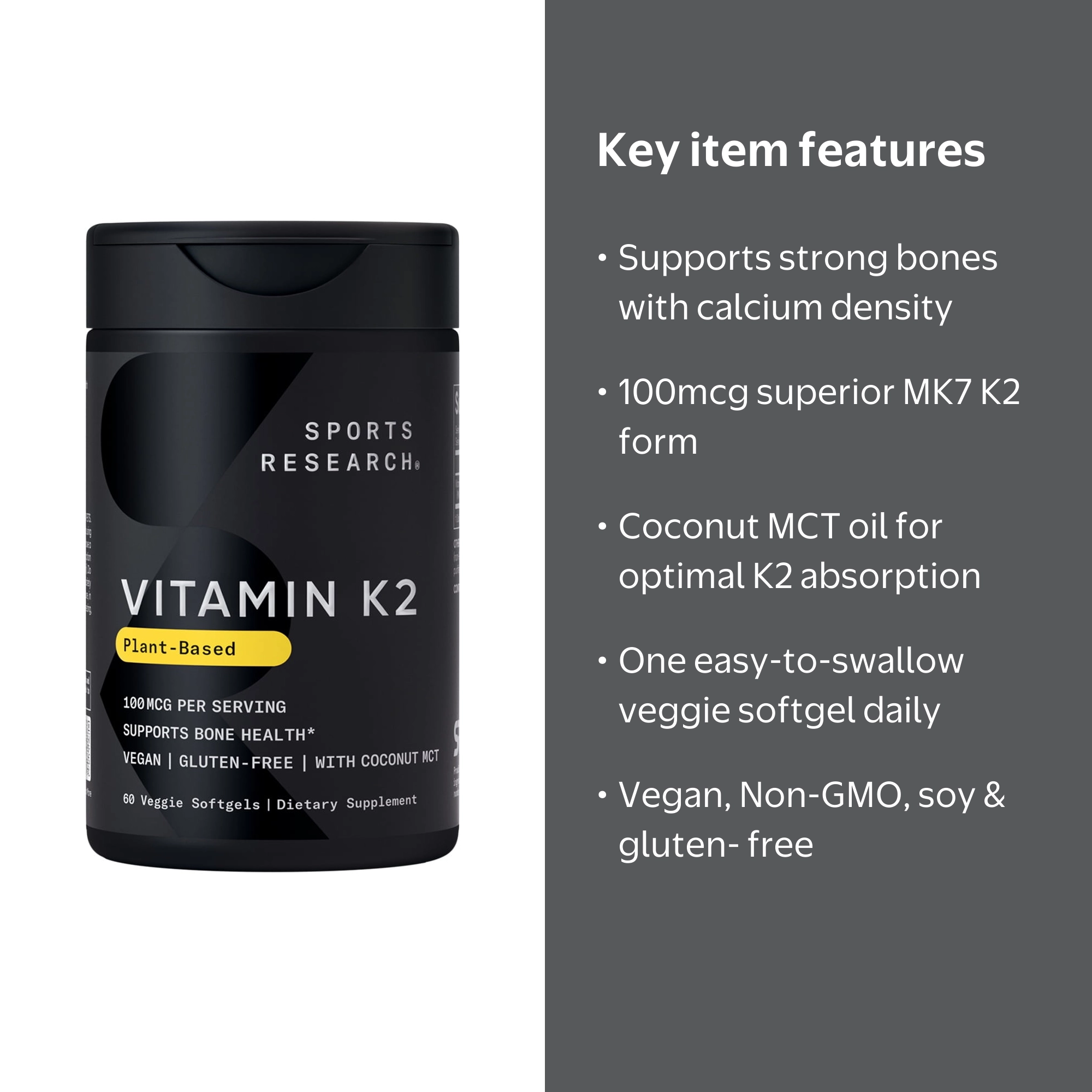 Sports Research Vitamin K2 MK7 Supplements, 100mcg, Coconut MCT