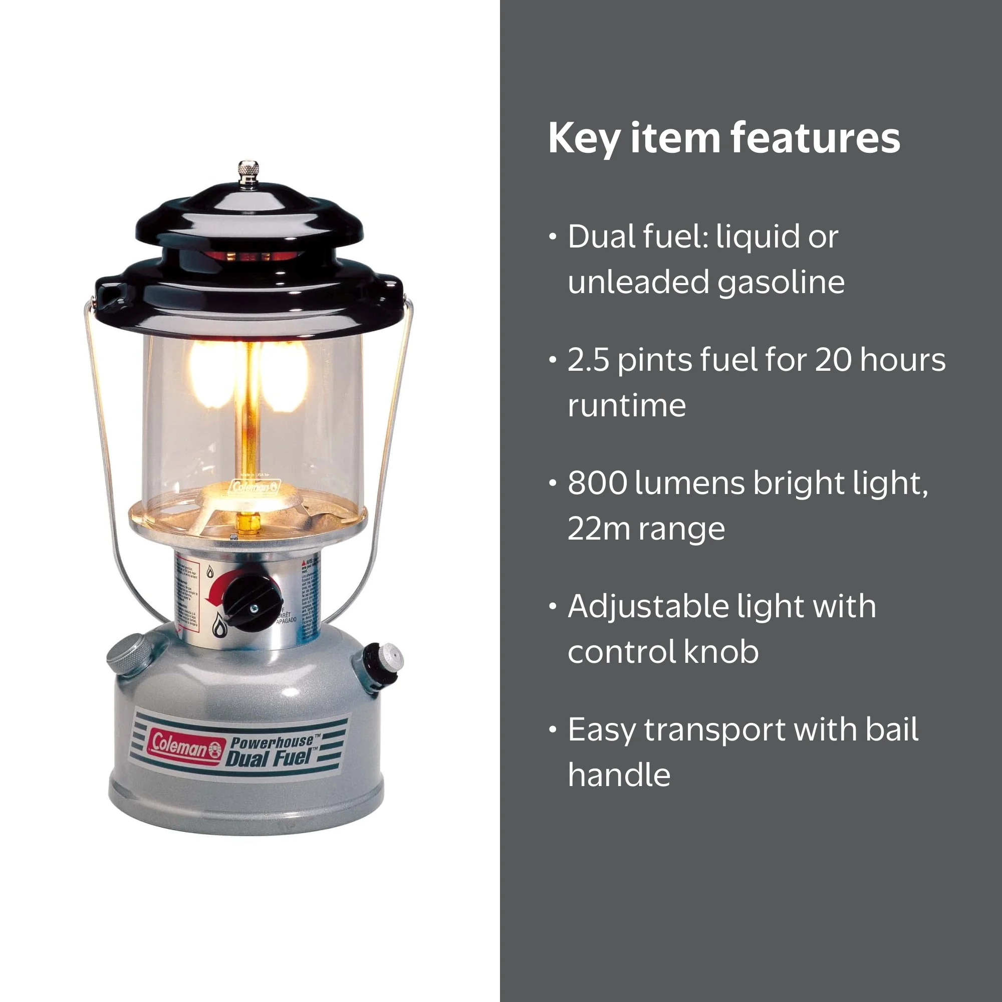 Coleman Dual Fuel Camping Lantern, 800 Lumens Light with 2-Mantle