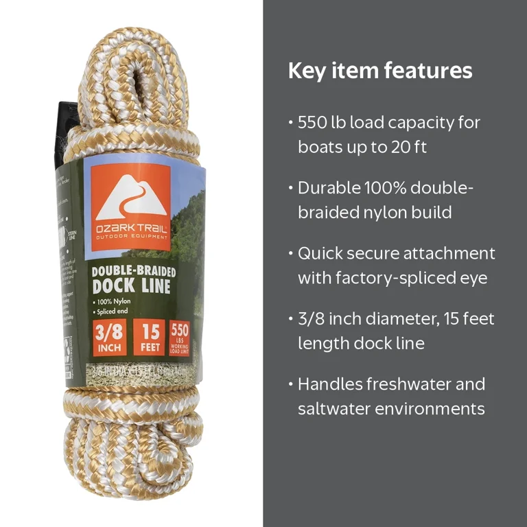 Ozark Trail 3/8x15ft Nylon Double-Braided Marine Dock Line Gold