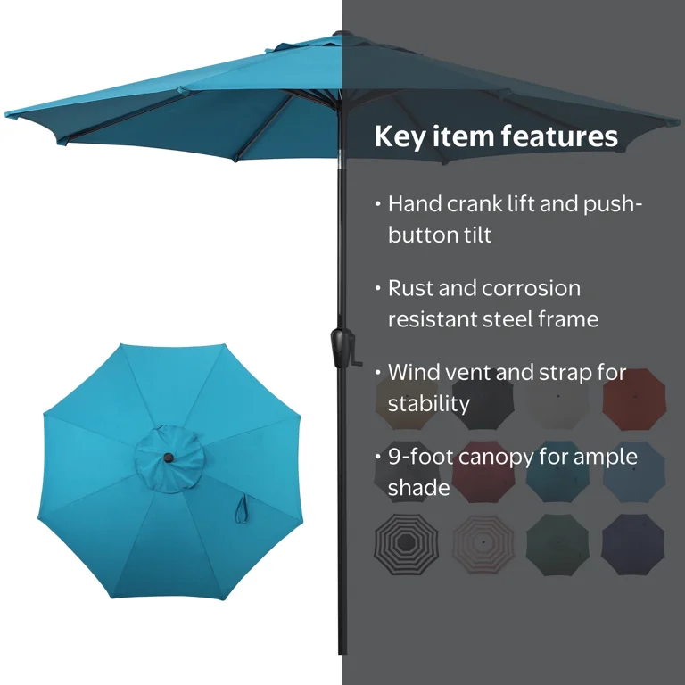 9 ft dark teal patio umbrella EliteShade USA 10-Year-Non-Fading 9Ft Market Umbrella, UPF 50+ UV Protection Performance Sun Umbrella, Heavy Duty Commercial Grade Outdoor Table with Crank & Tilt, Windproof Vented Top for Garden Press down the lock button and attach the pole extension for quick setup in under 10 minutes Mainstays Outdoor 9' Teal Round