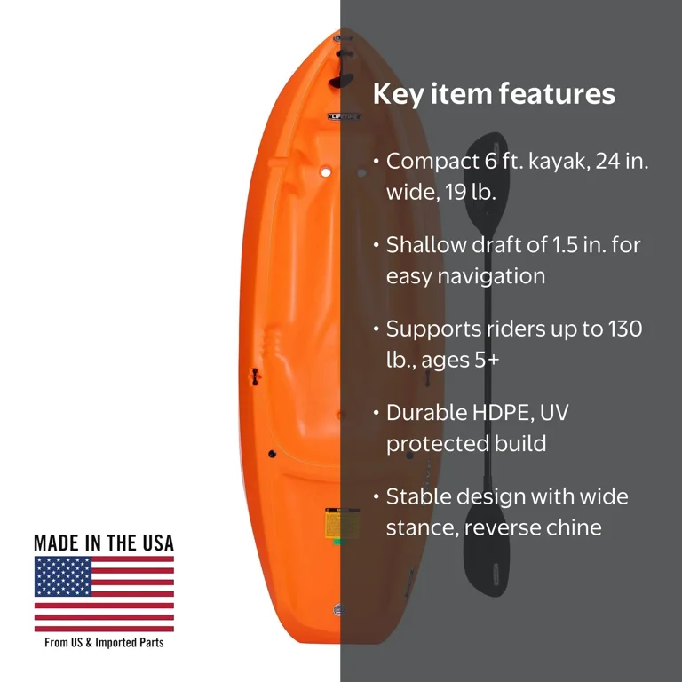 Lifetime, Kayak, 6 ft Sit-On-Top Youth Kayak with Paddle, Orange