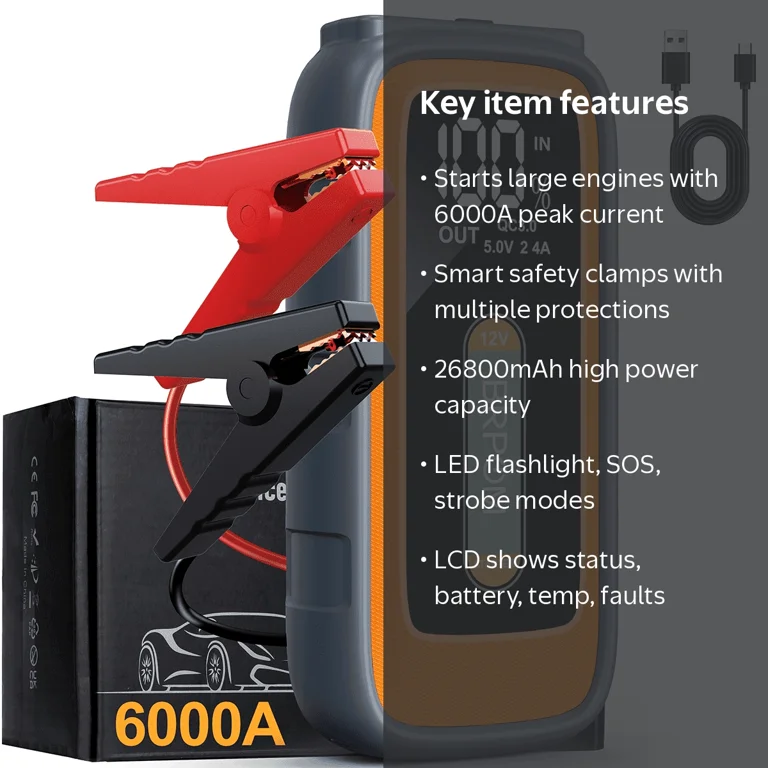 BRPOM 6000A Car Jump Starter Battery Pack, 12V Battery Booster