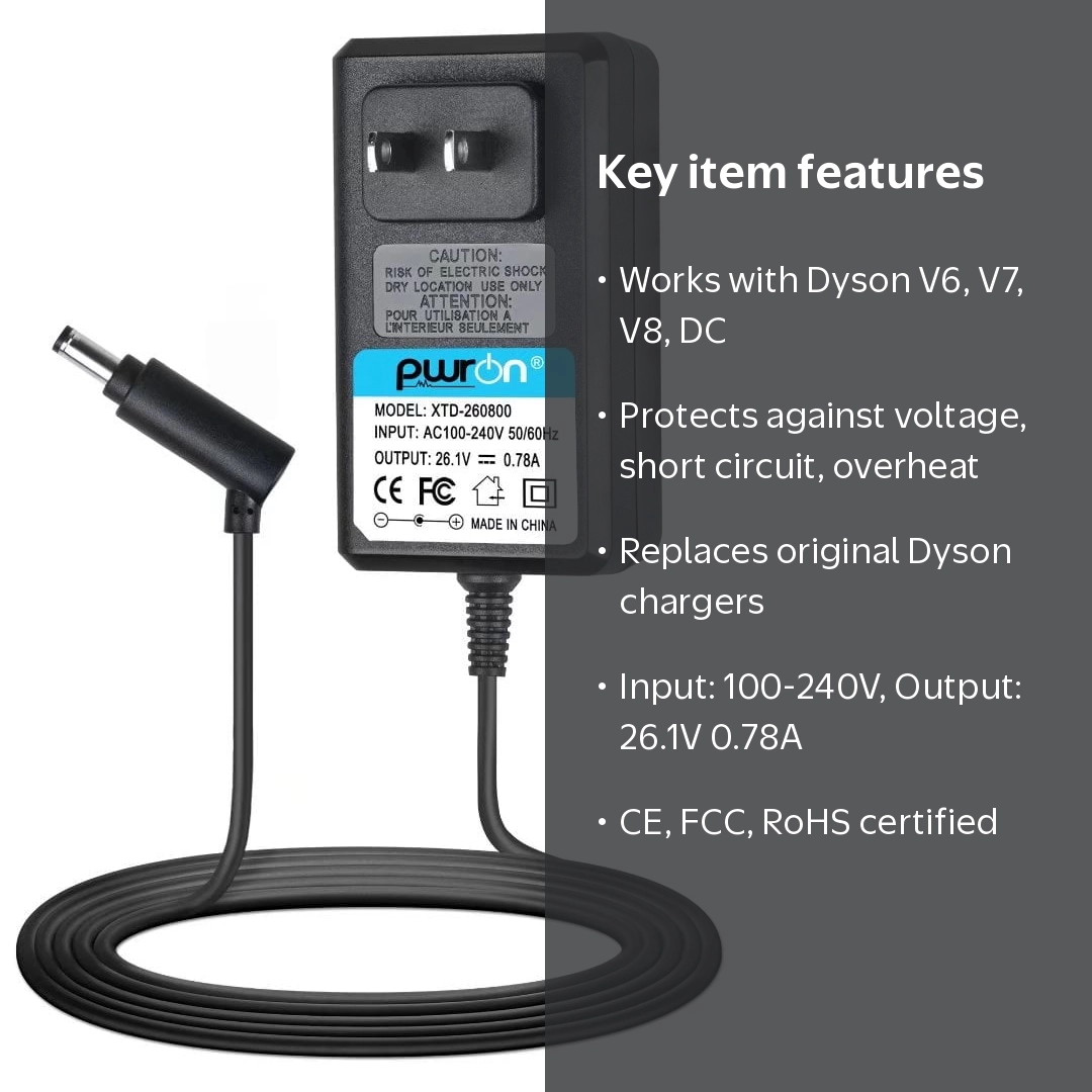 PwrON Charger for Dyson V6-V8, DC58-DC62, SV03-SV06 Vacuum, 26.1V