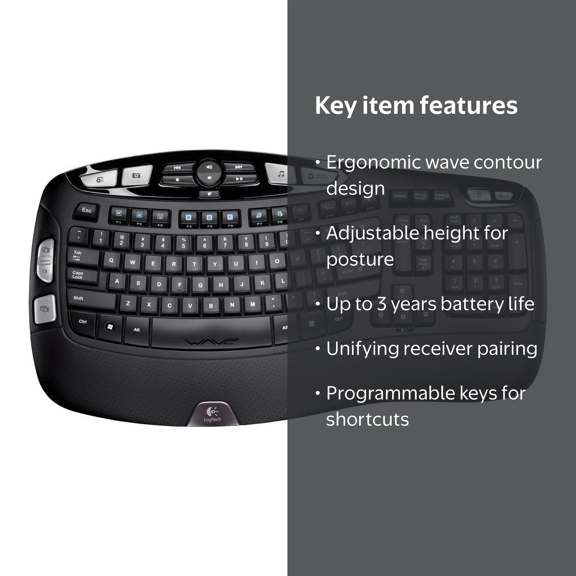 Logitech K350 Full Size Wireless Keyboard, Black with Windows