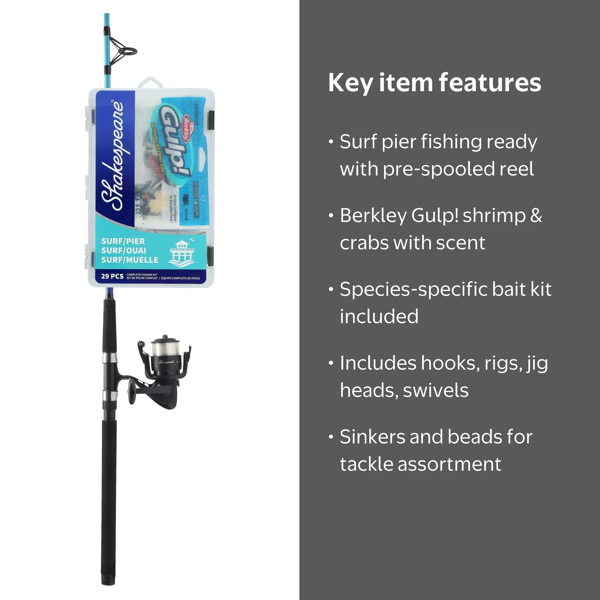 Shakespeare Catch More Fish 3 Spinning Fishing Combo Kit, Surf